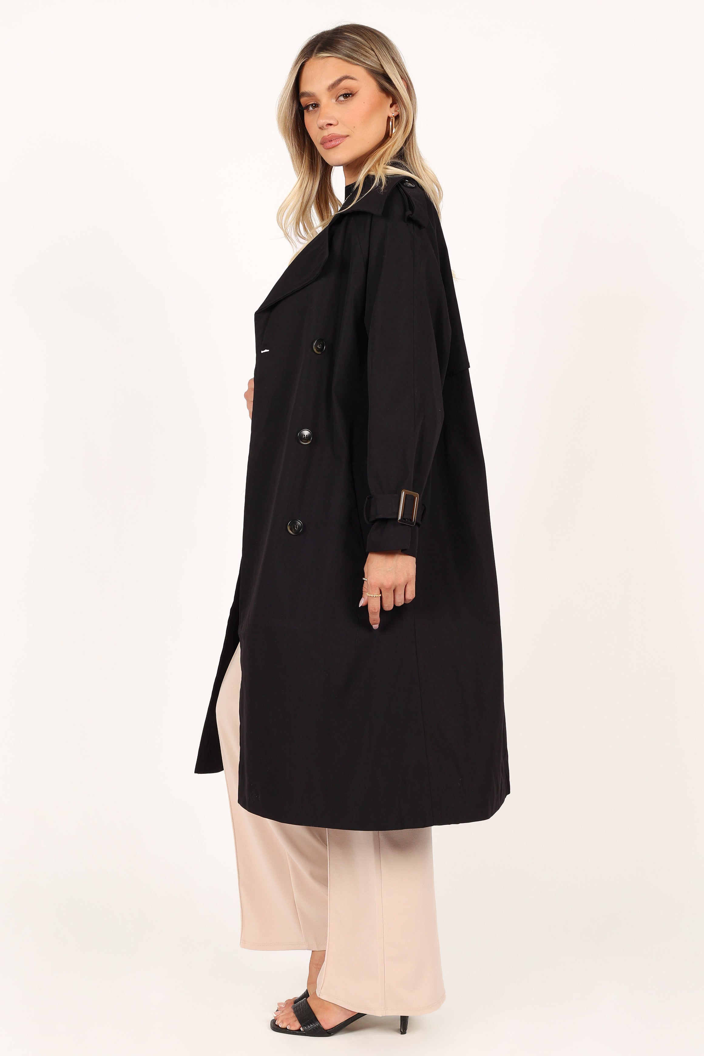 OUTERWEAR @Trina Button Front Trench Coat - Black