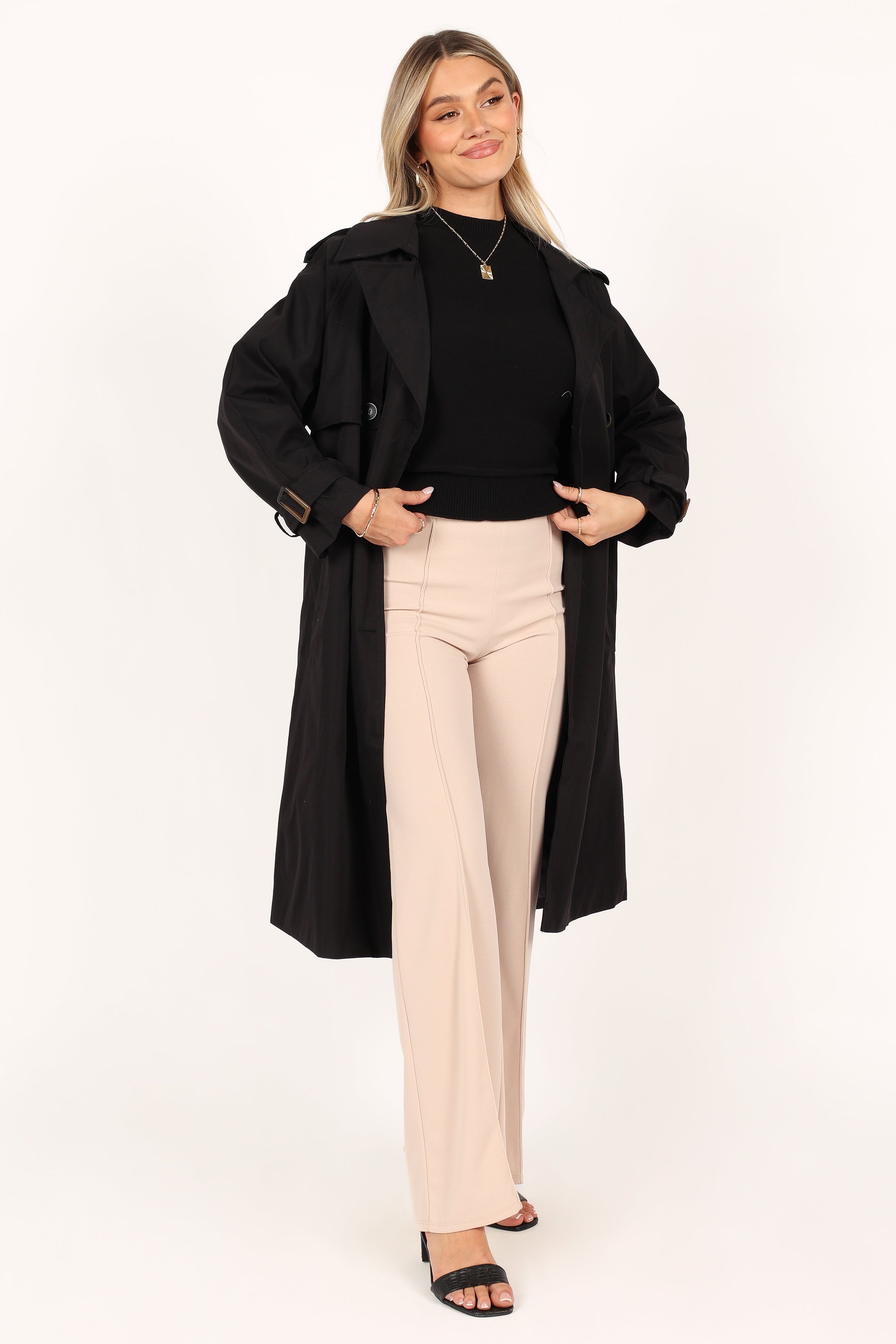 OUTERWEAR @Trina Button Front Trench Coat - Black