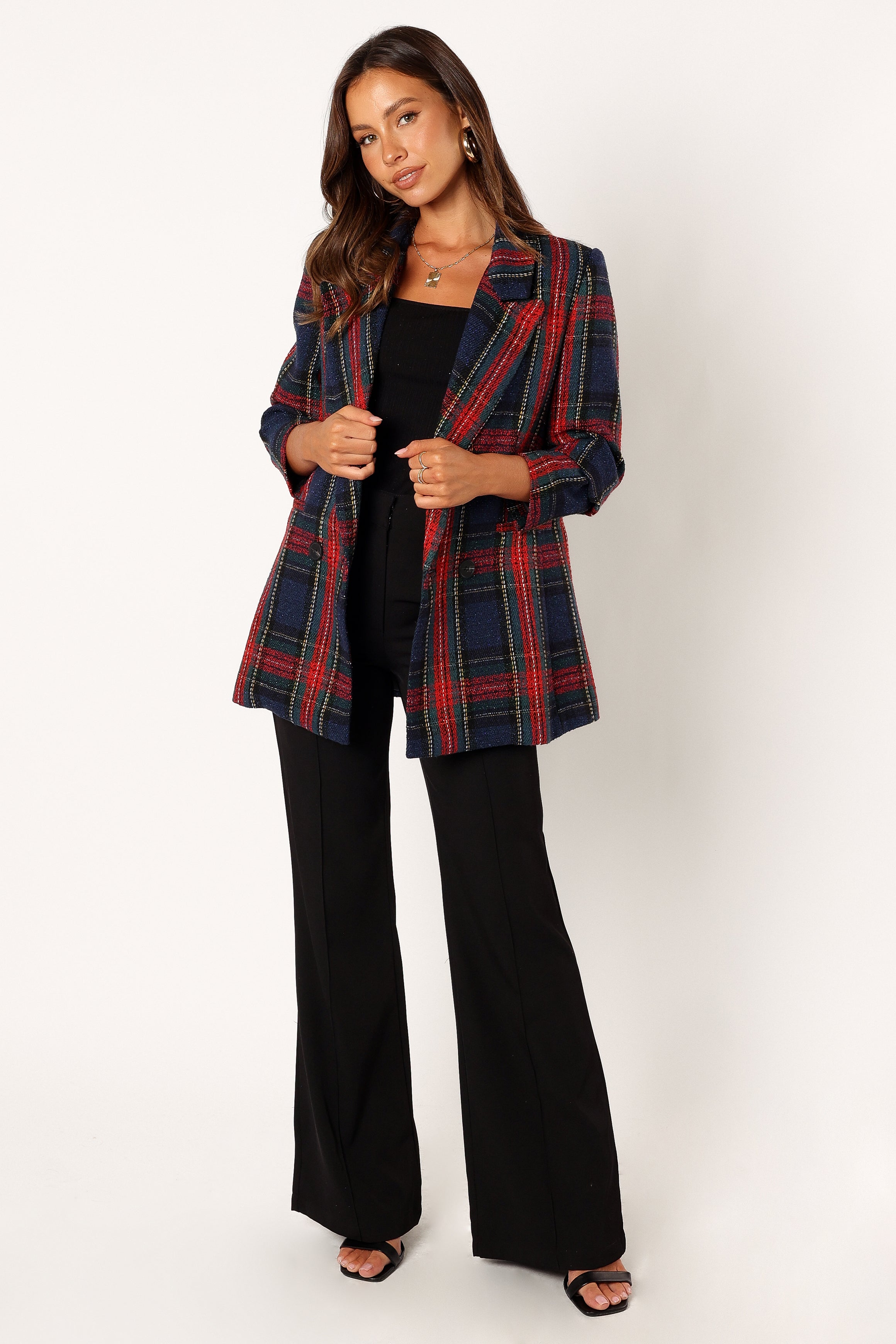 OUTERWEAR @Vivienne Plaid Blazer - Red/Navy Multi
