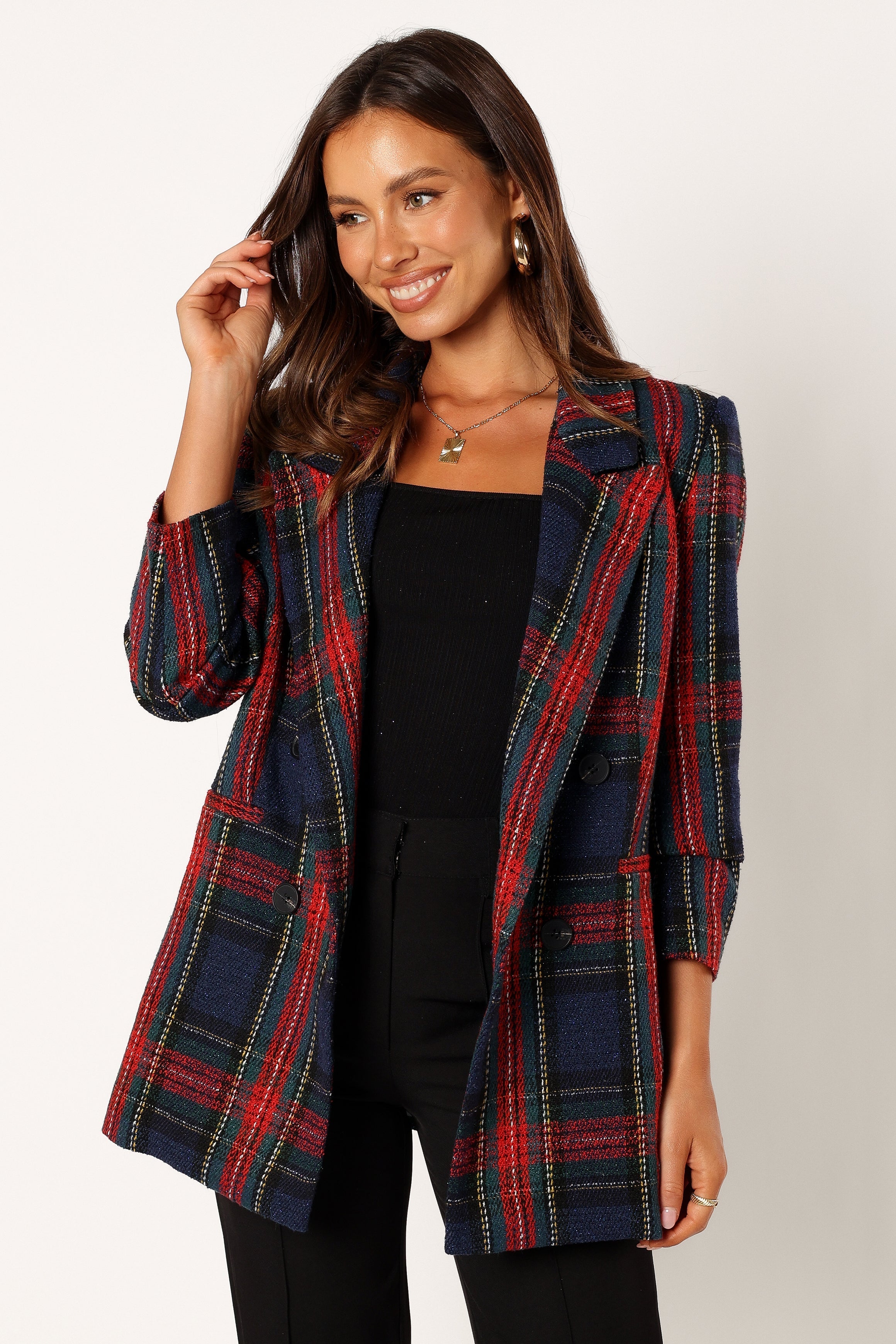 OUTERWEAR @Vivienne Plaid Blazer - Red/Navy Multi