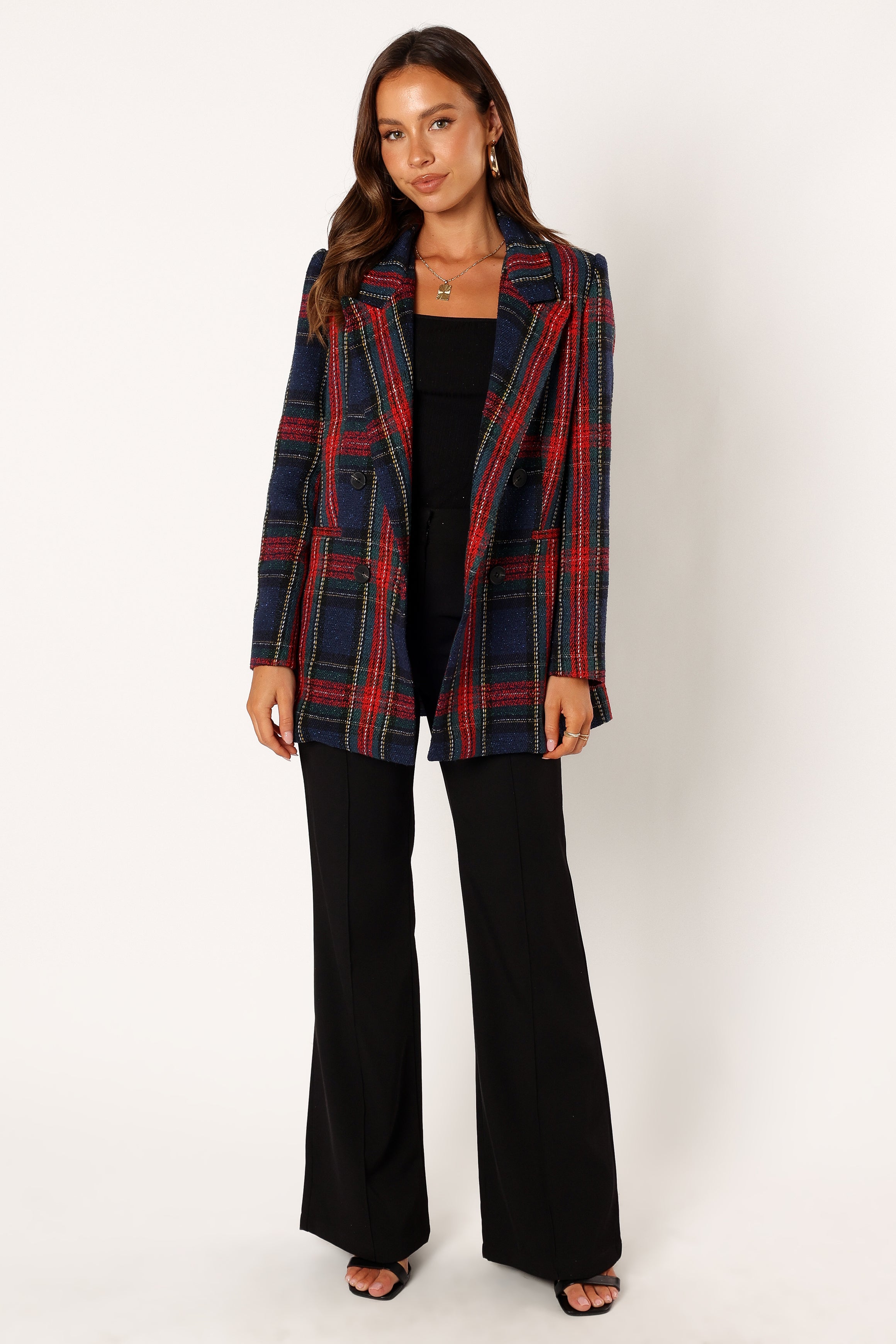 OUTERWEAR @Vivienne Plaid Blazer - Red/Navy Multi
