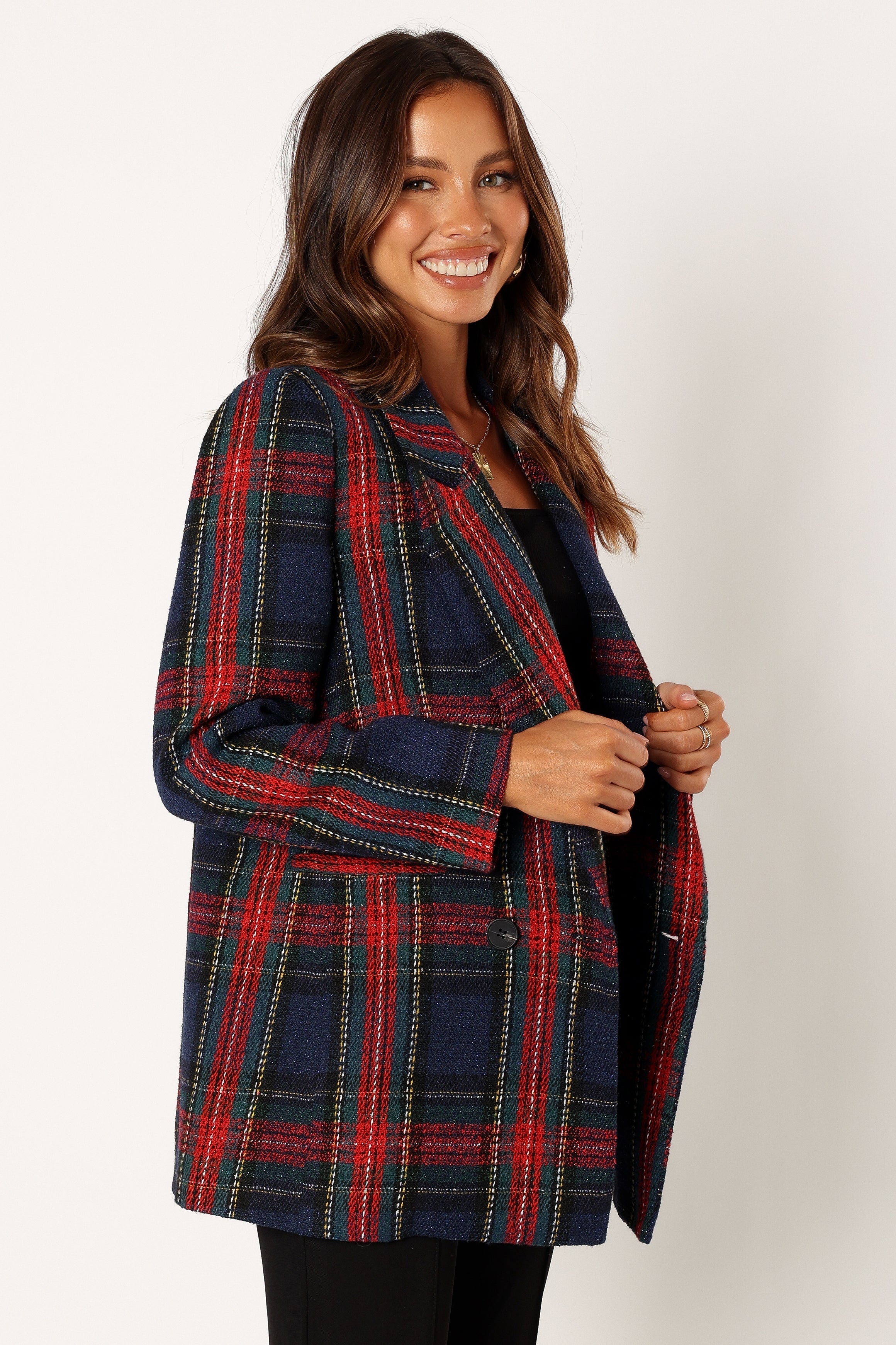OUTERWEAR @Vivienne Plaid Blazer - Red/Navy Multi