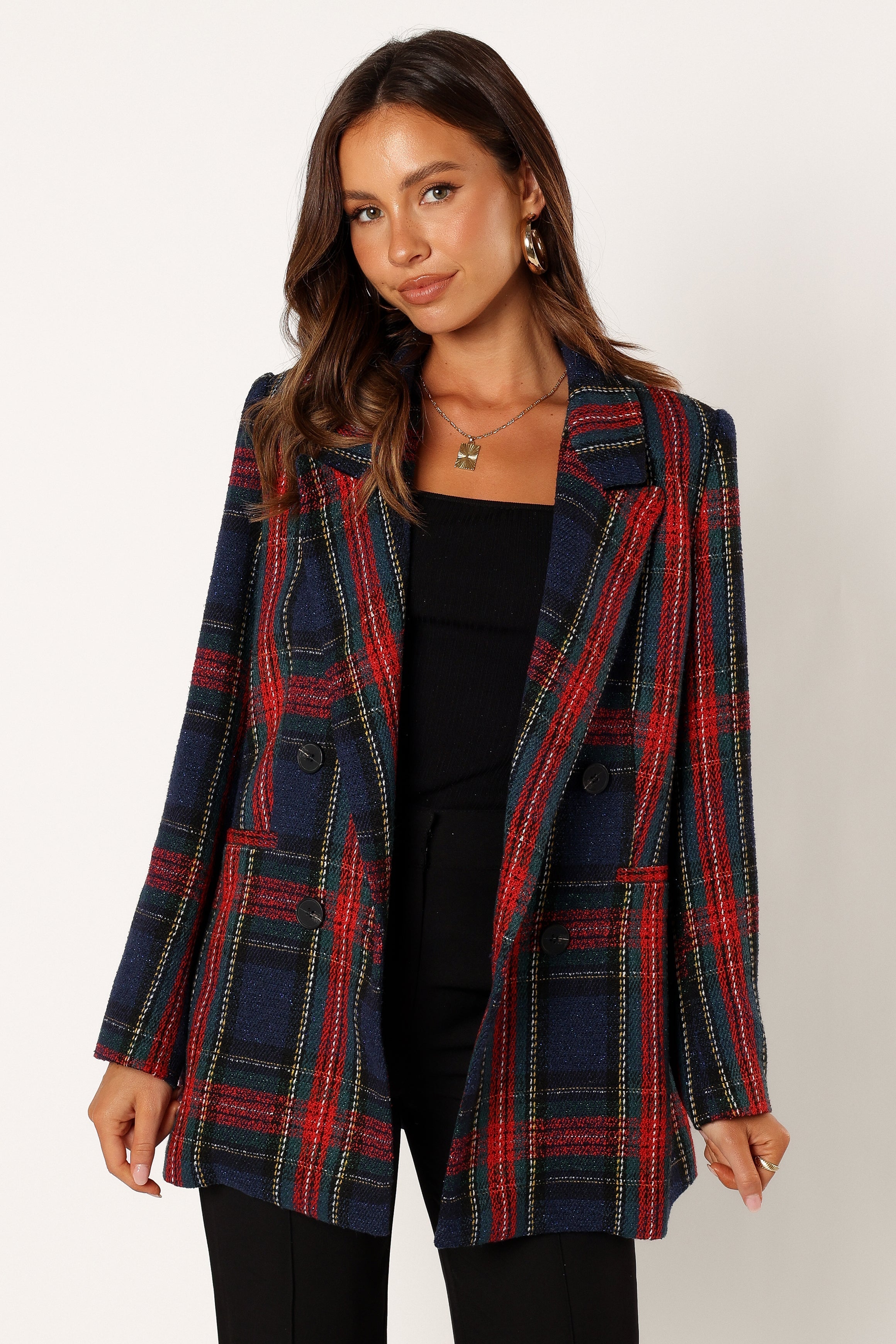 OUTERWEAR @Vivienne Plaid Blazer - Red/Navy Multi