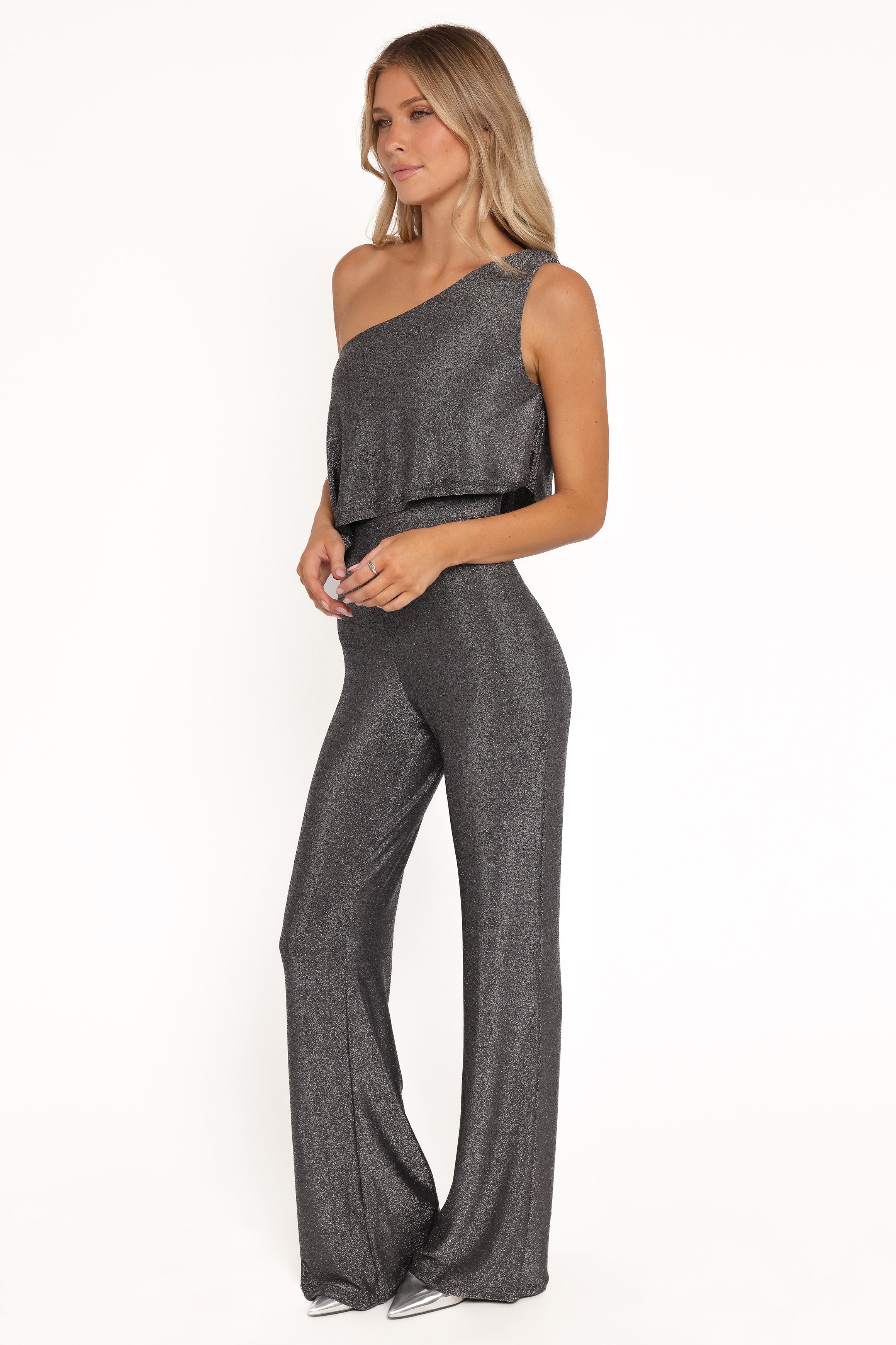 PLAYSUITS Anna One Shoulder Lurex Jumpsuit - Black Silver