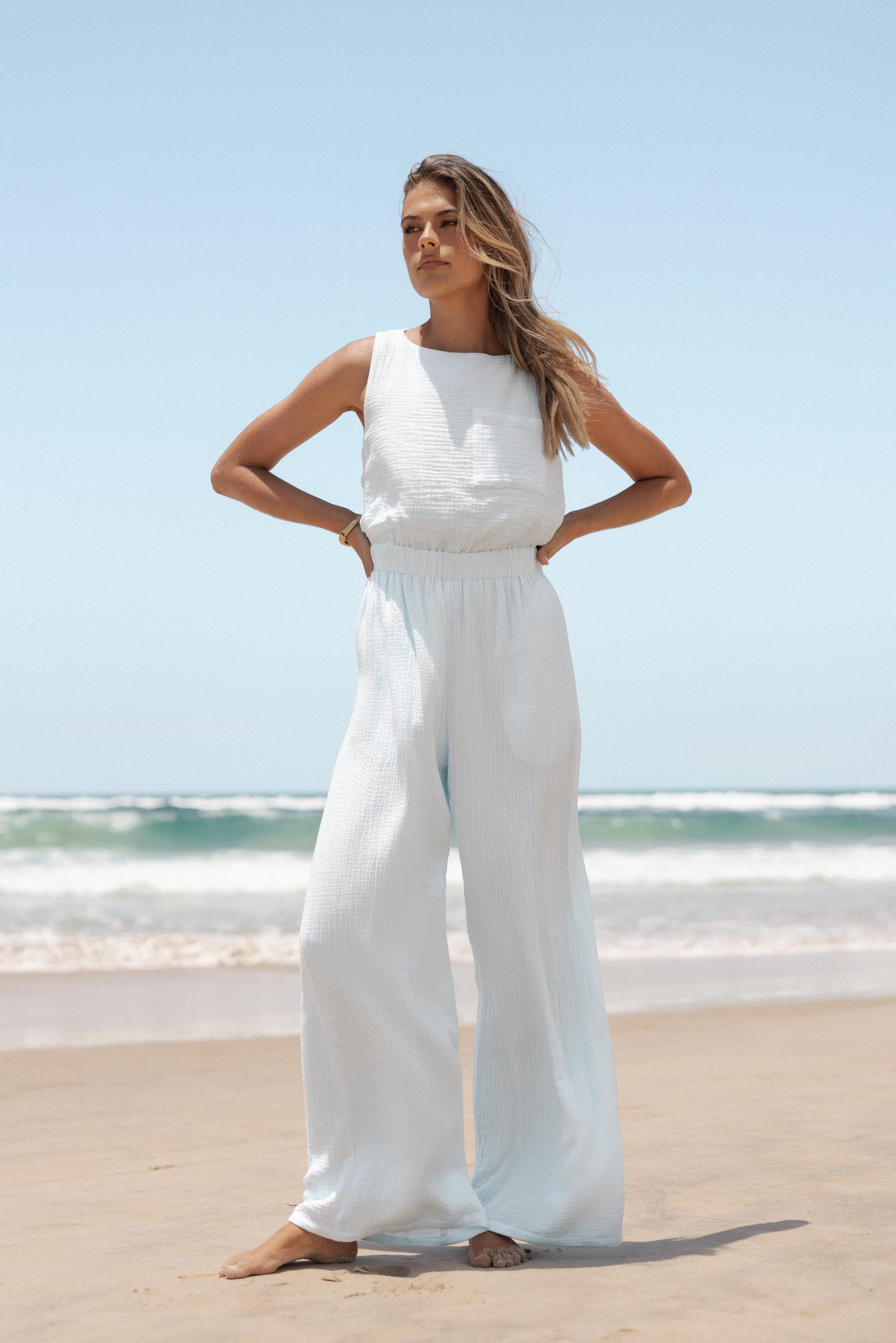 PLAYSUITS Brenna Cotton Jumpsuit - Pale Blue