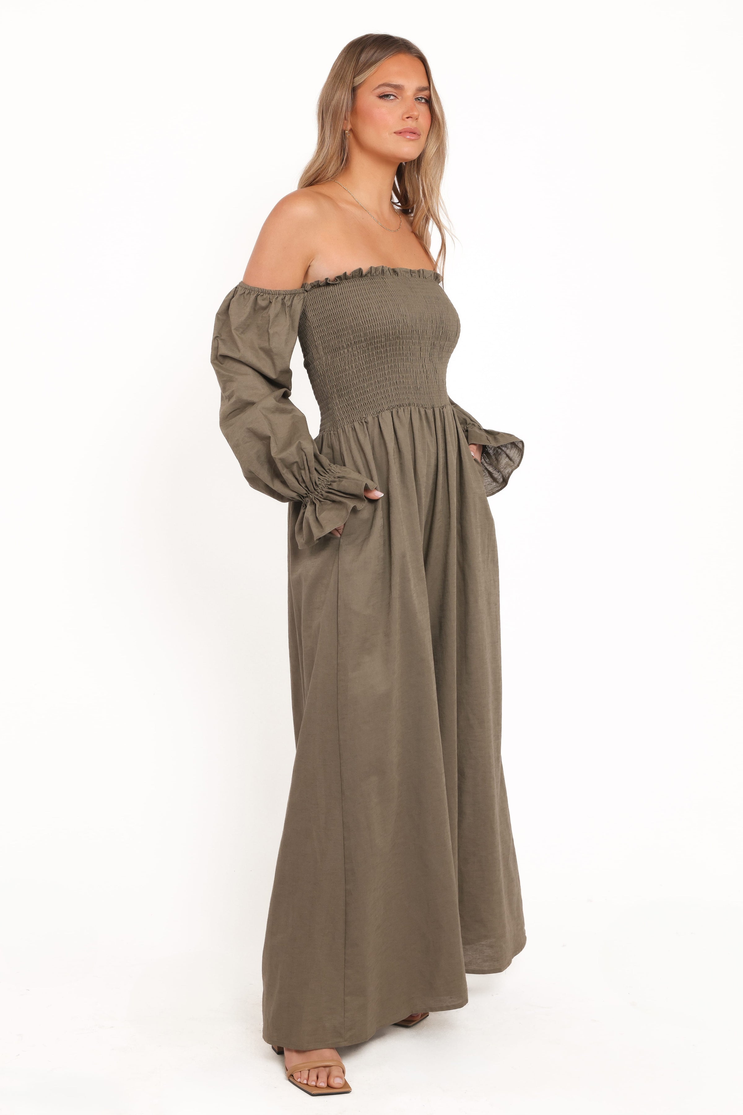 PLAYSUITS Domenica Shirred Long Sleeve Jumpsuit - Olive