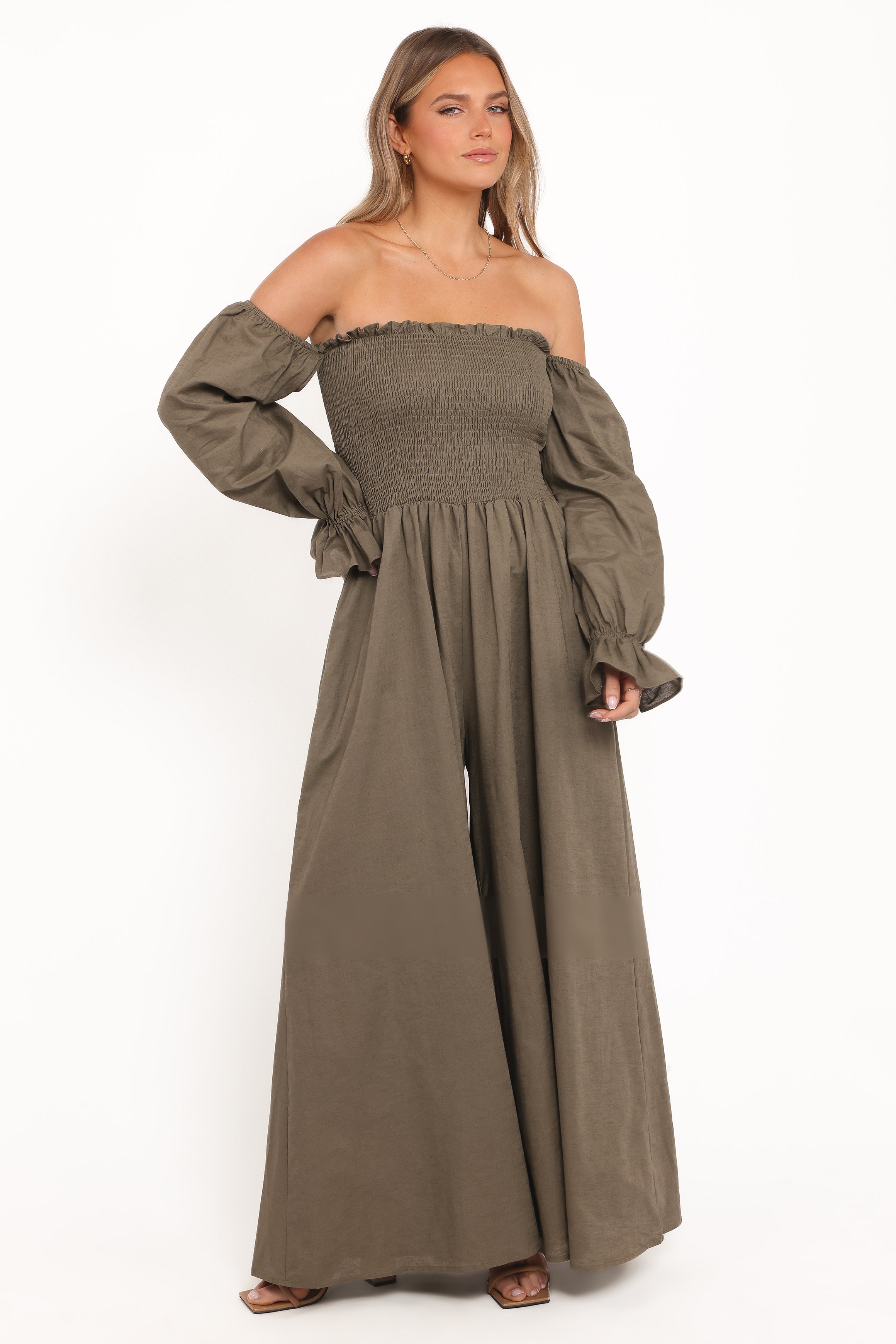 PLAYSUITS Domenica Shirred Long Sleeve Jumpsuit - Olive