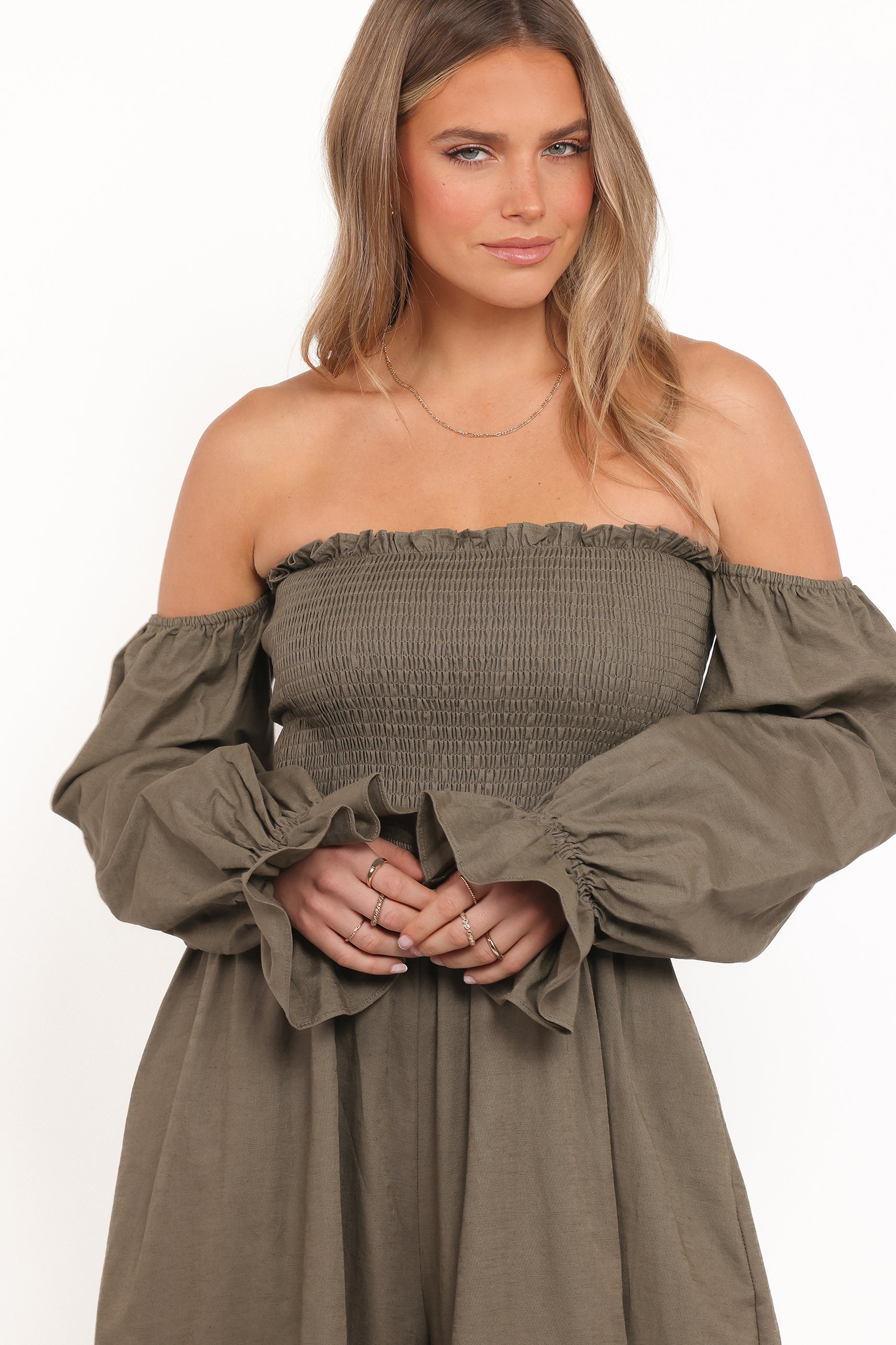 PLAYSUITS Domenica Shirred Long Sleeve Jumpsuit - Olive