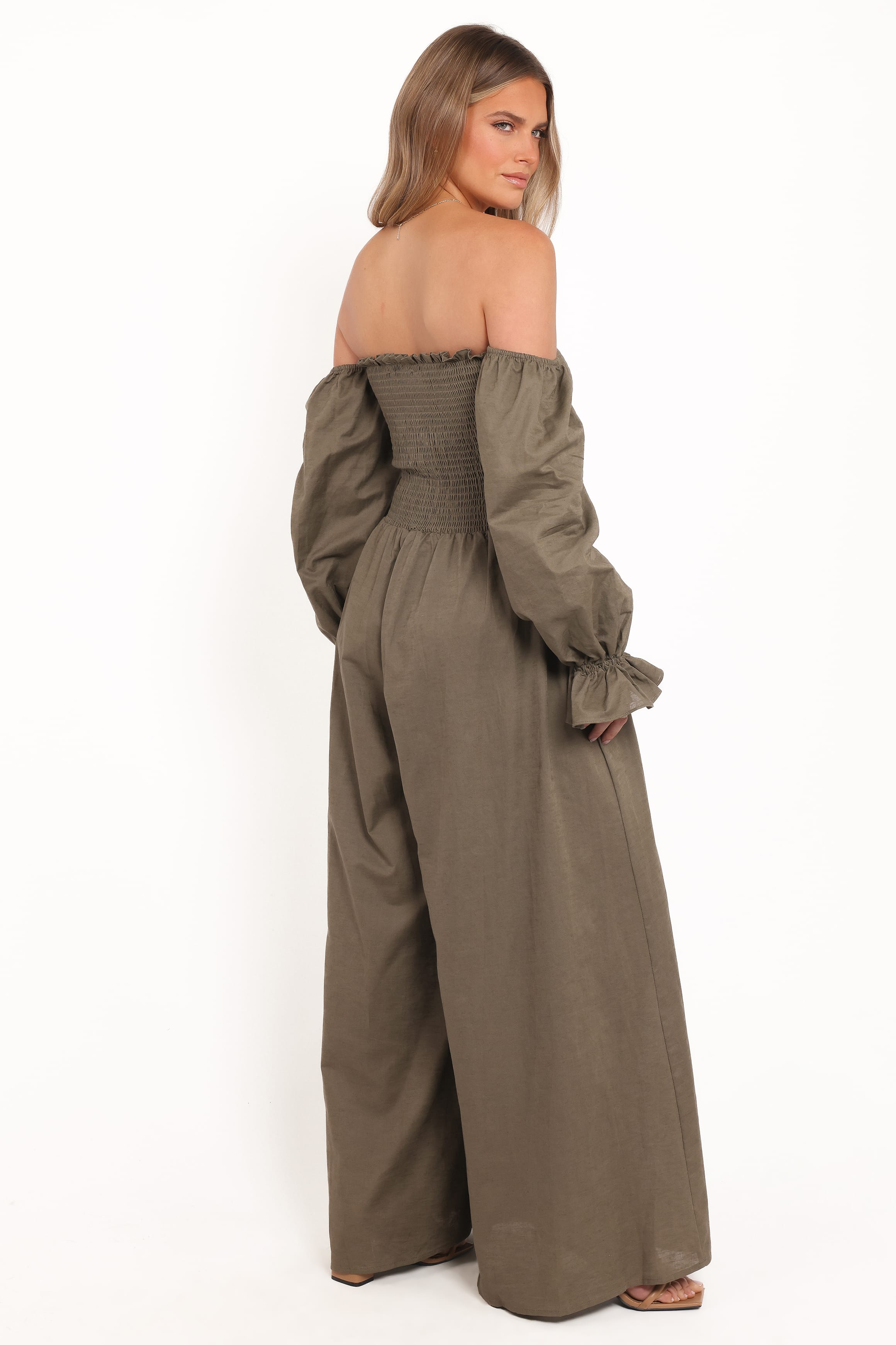 PLAYSUITS Domenica Shirred Long Sleeve Jumpsuit - Olive