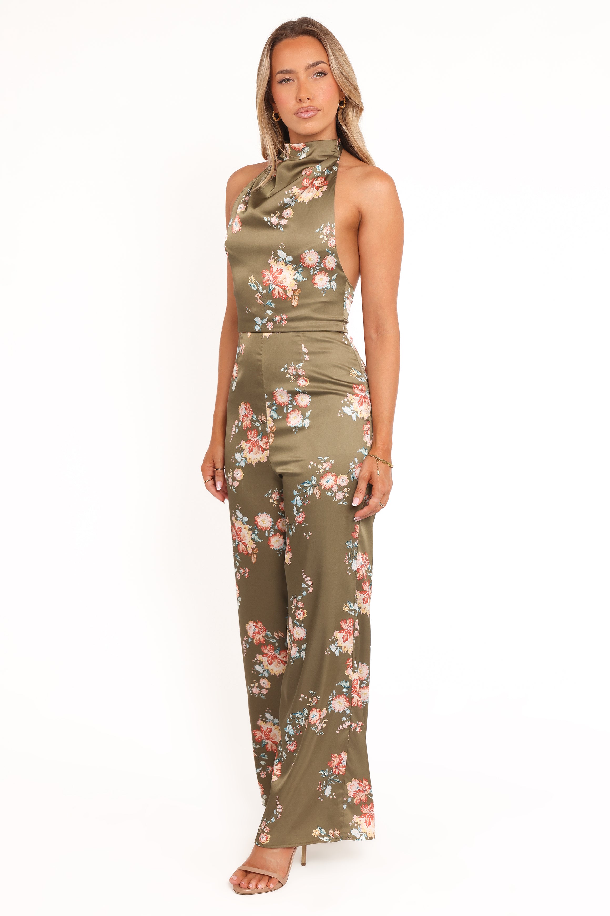PLAYSUITS Holly Halterneck Jumpsuit - Olive Floral
