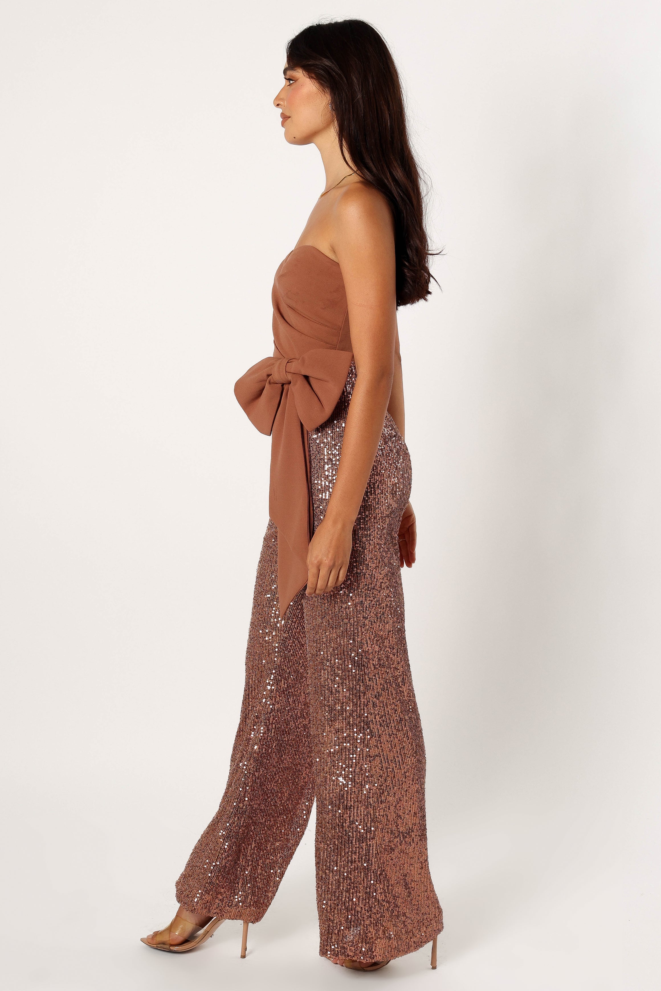 PLAYSUITS @Jacquelin Bow Waist Sequin Jumpsuit - Tan