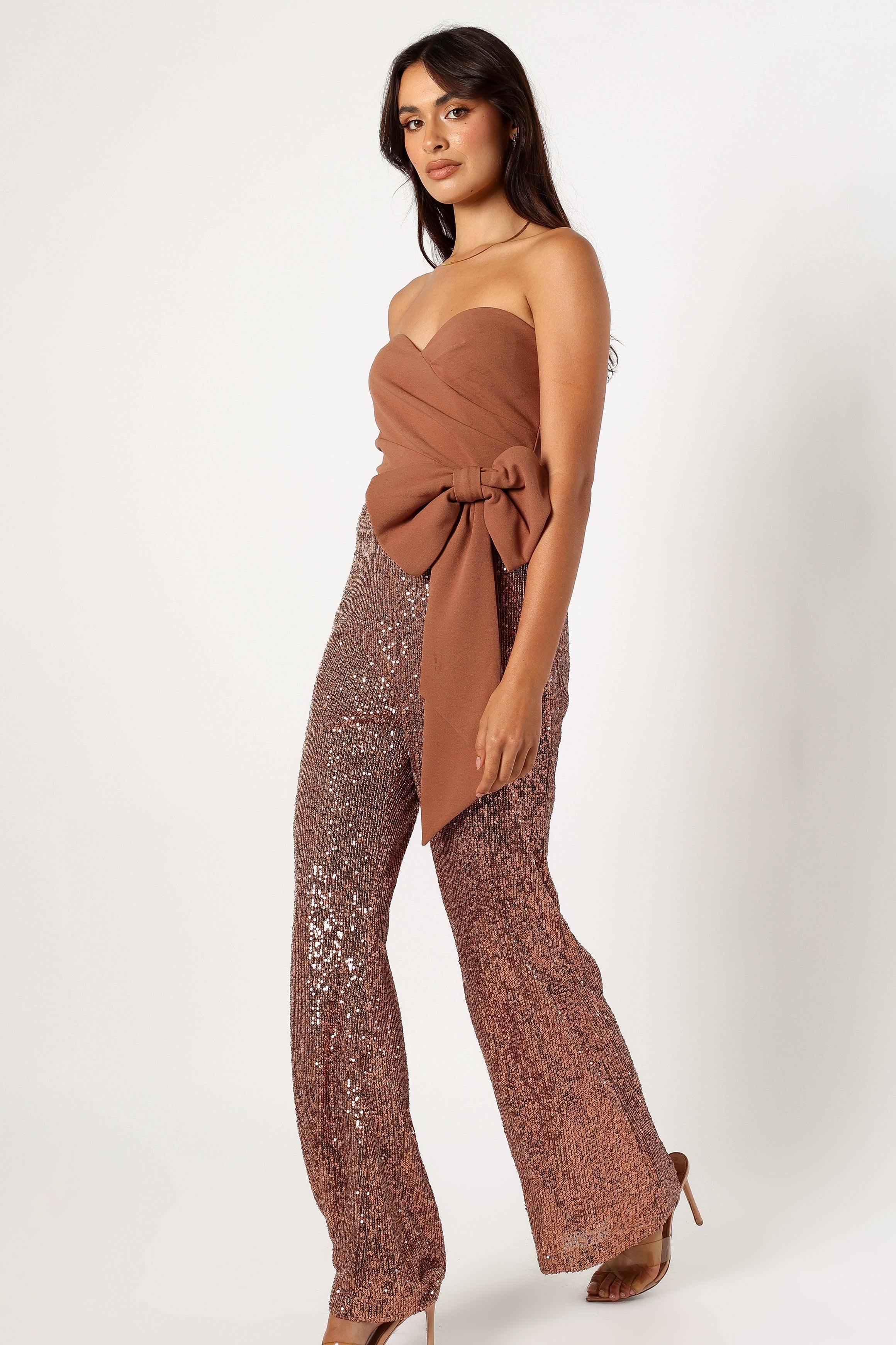 PLAYSUITS @Jacquelin Bow Waist Sequin Jumpsuit - Tan