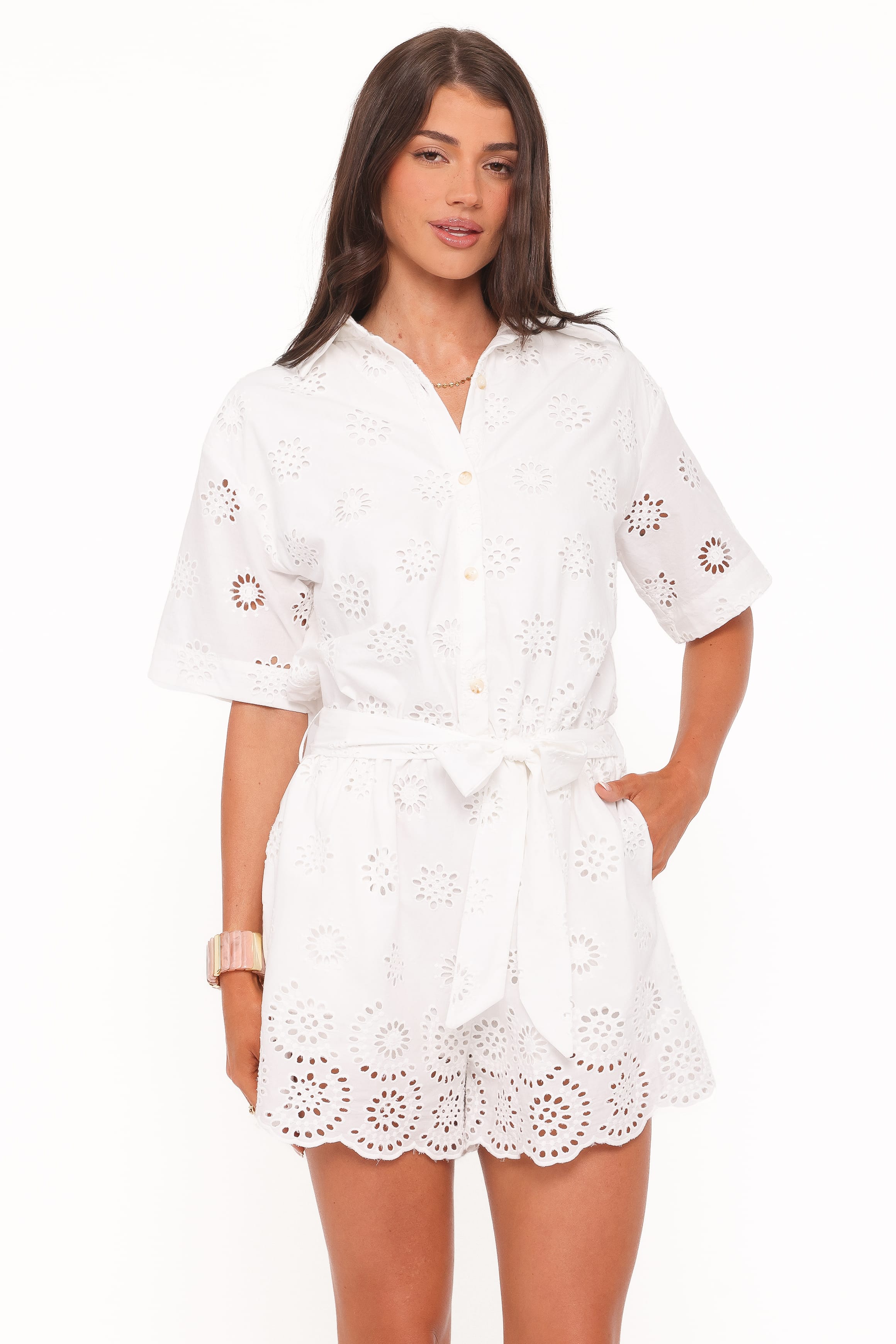 PLAYSUITS @Jamie Tie Front Playsuit - White Broderie