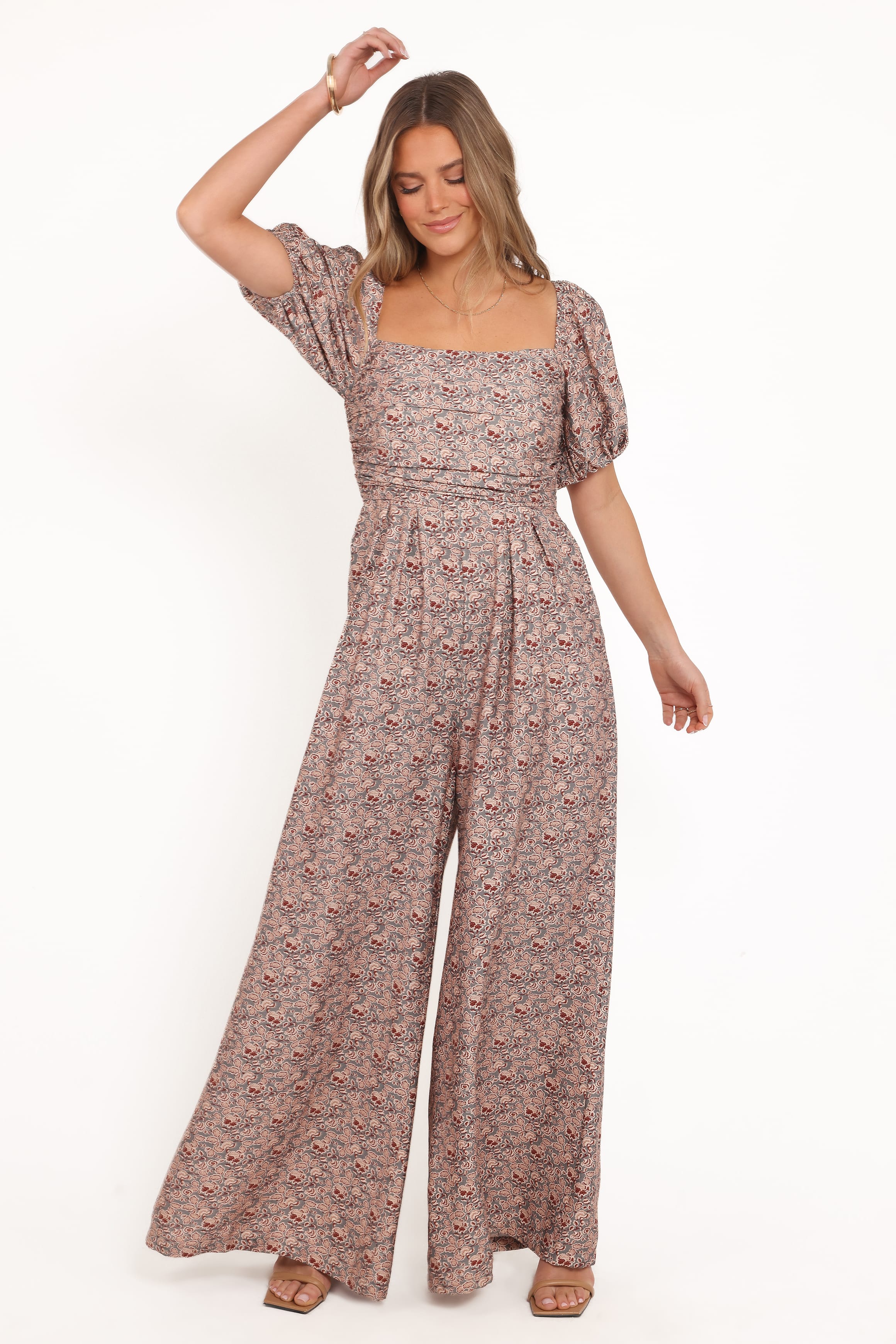 PLAYSUITS Jayda Puff Sleeve Jumpsuit - Grey Floral