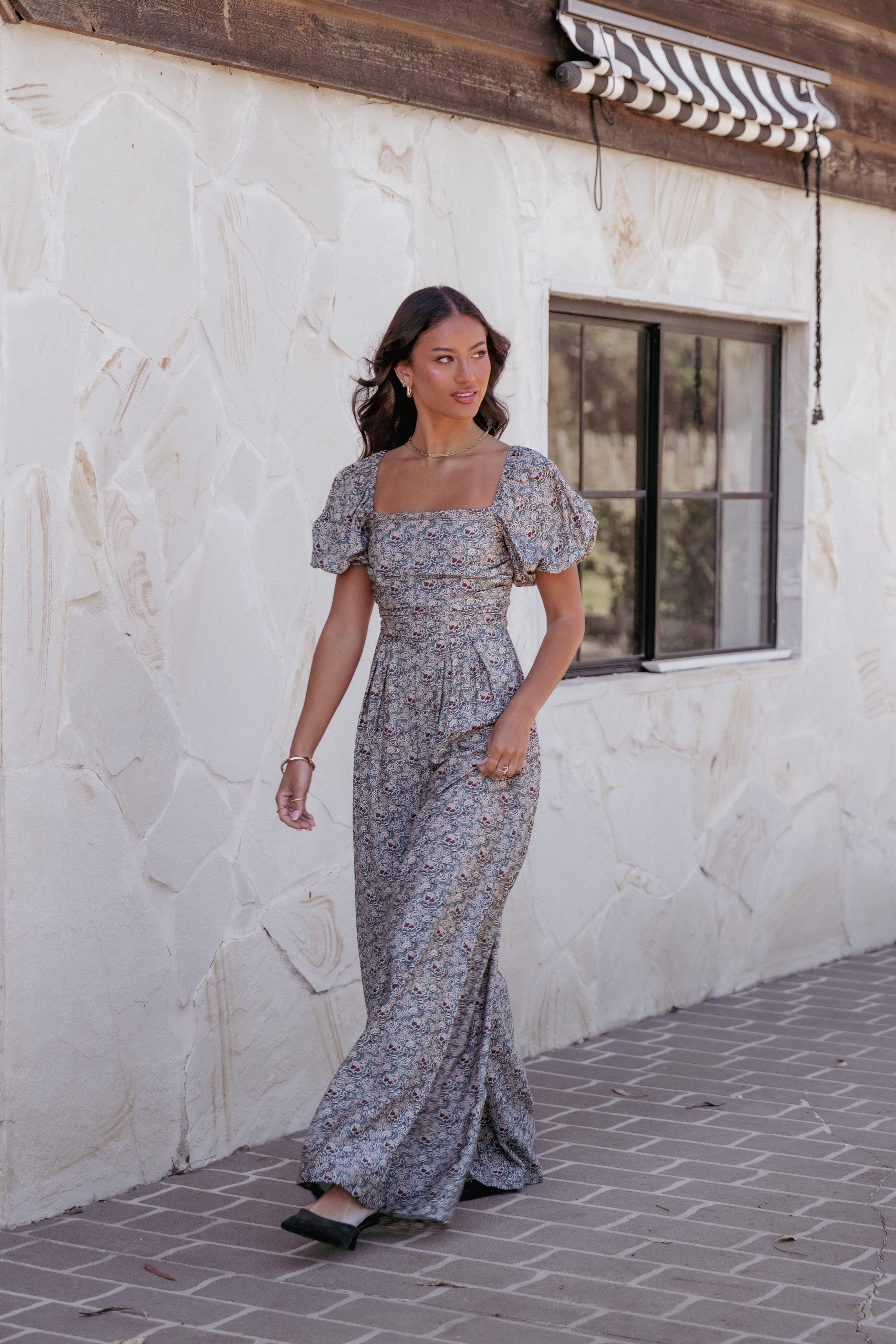 PLAYSUITS Jayda Puff Sleeve Jumpsuit - Grey Floral