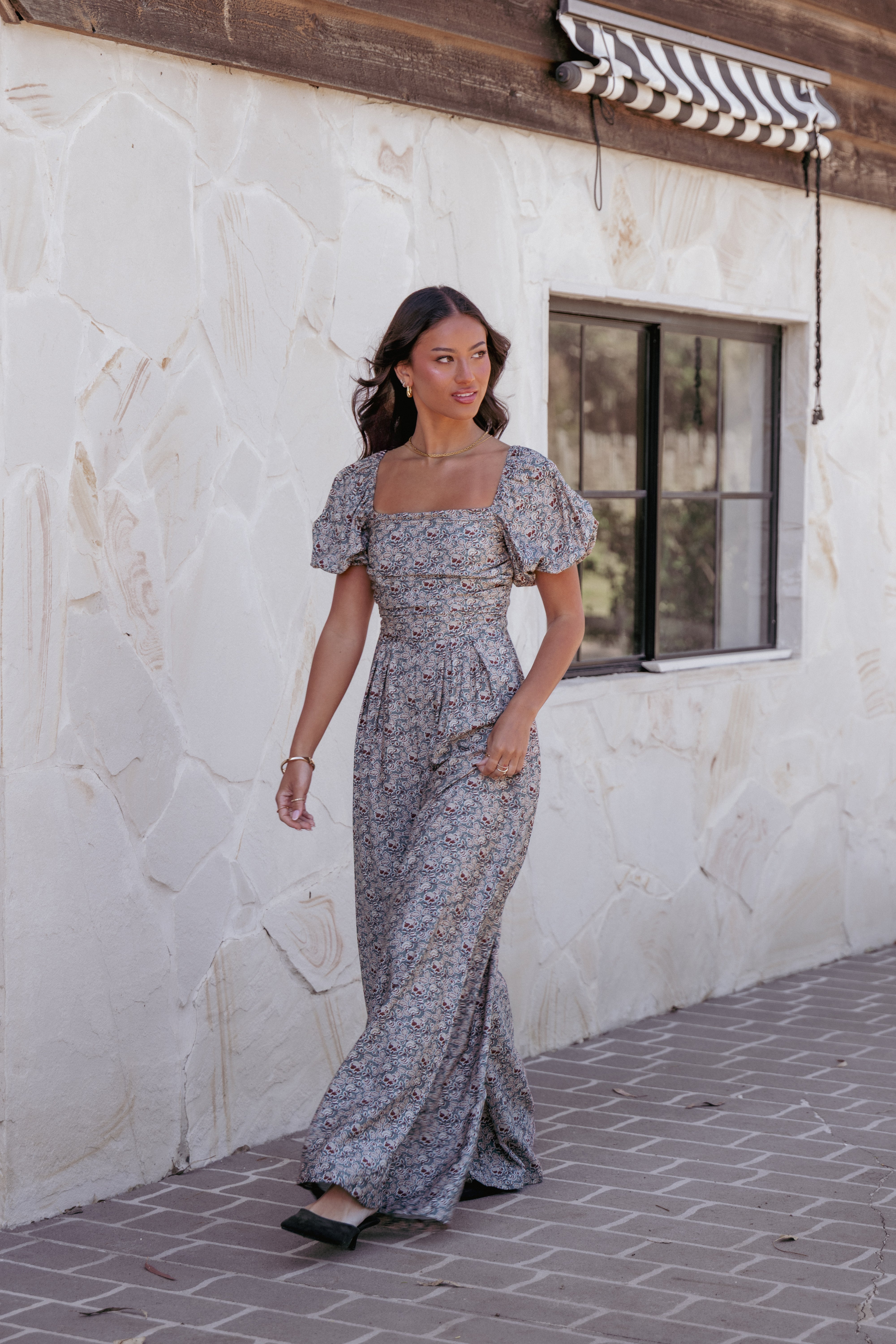PLAYSUITS Jayda Puff Sleeve Jumpsuit - Grey Floral