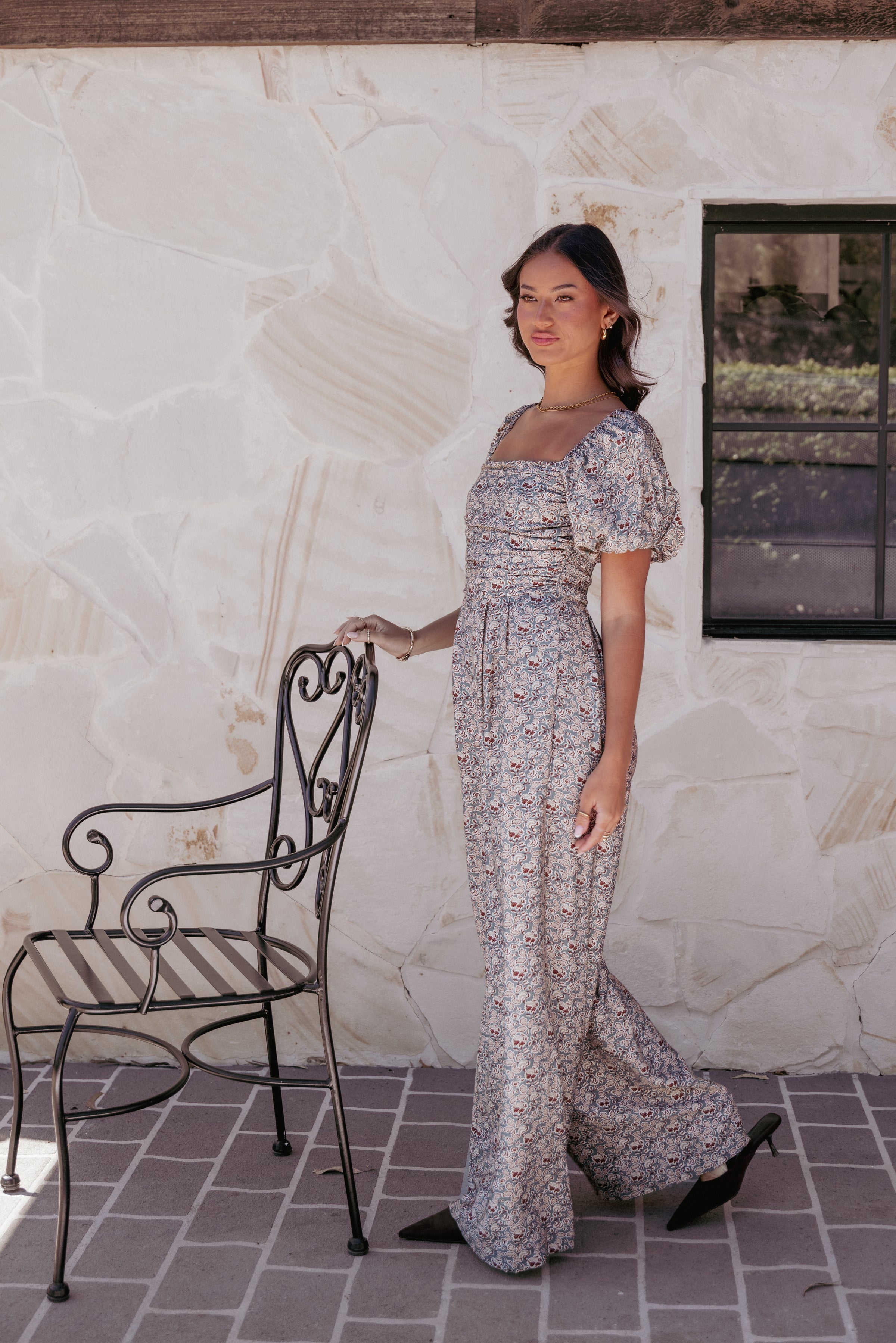 PLAYSUITS Jayda Puff Sleeve Jumpsuit - Grey Floral