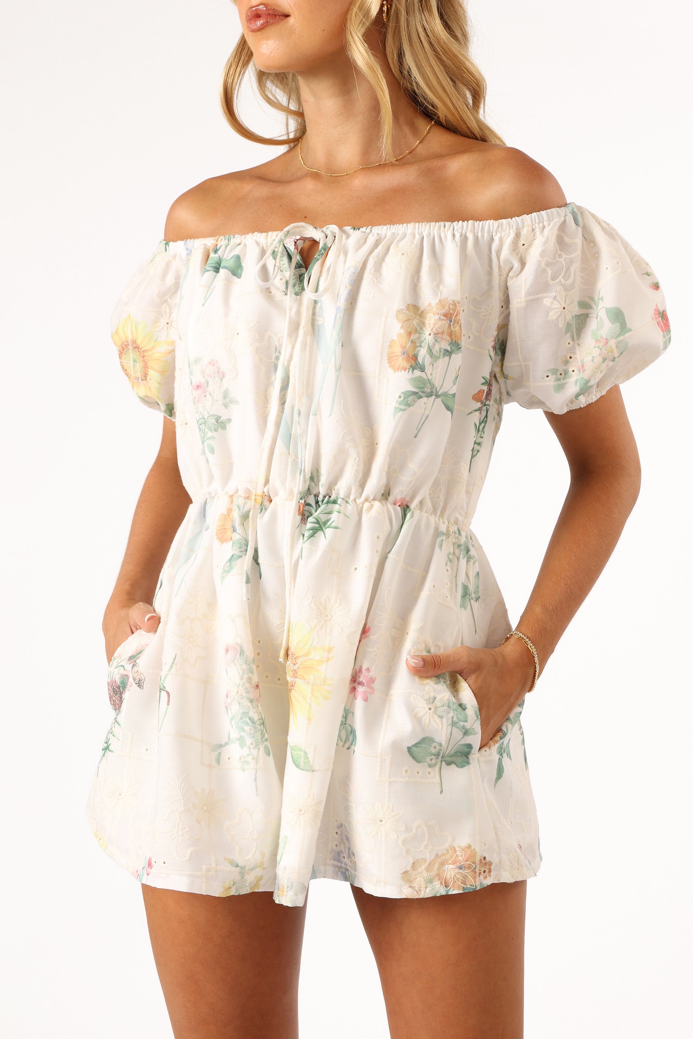 PLAYSUITS @Keleigh Off Shoulder Playsuit - White Floral (Hold for Easter)