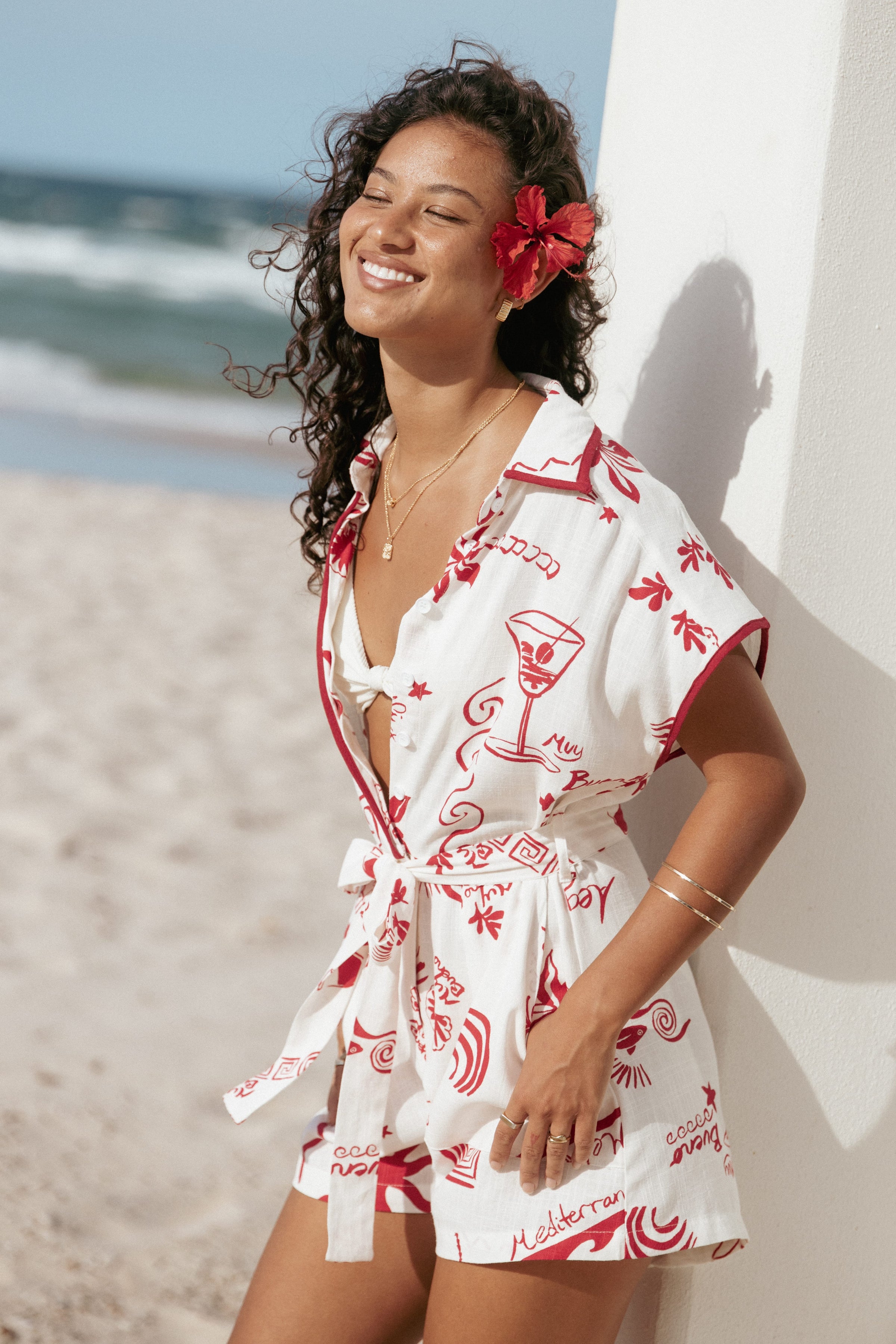 PLAYSUITS Kensie Tie Waist Playsuit - Red