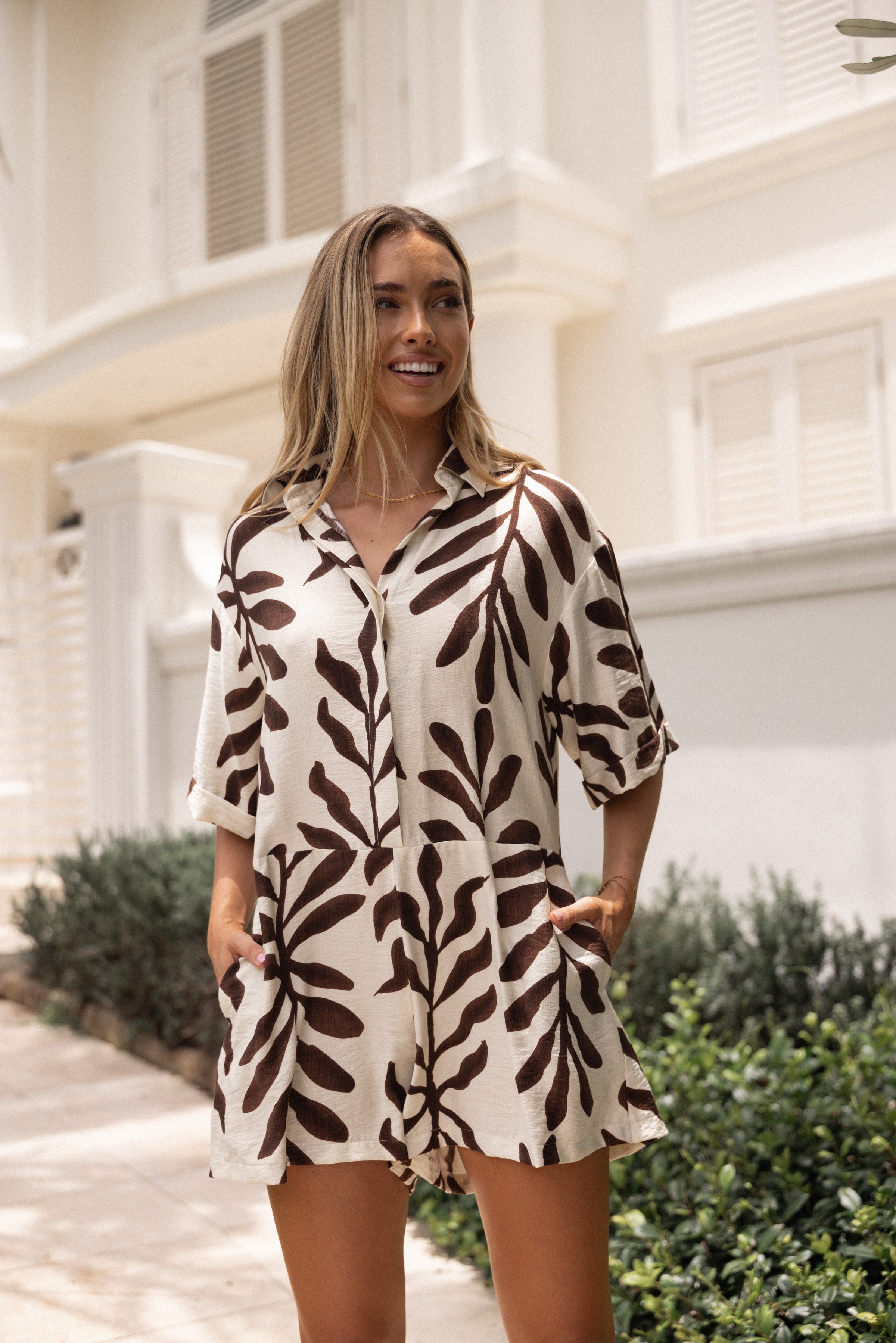 PLAYSUITS Kiya Drop Waist Playsuit - Brown Palm