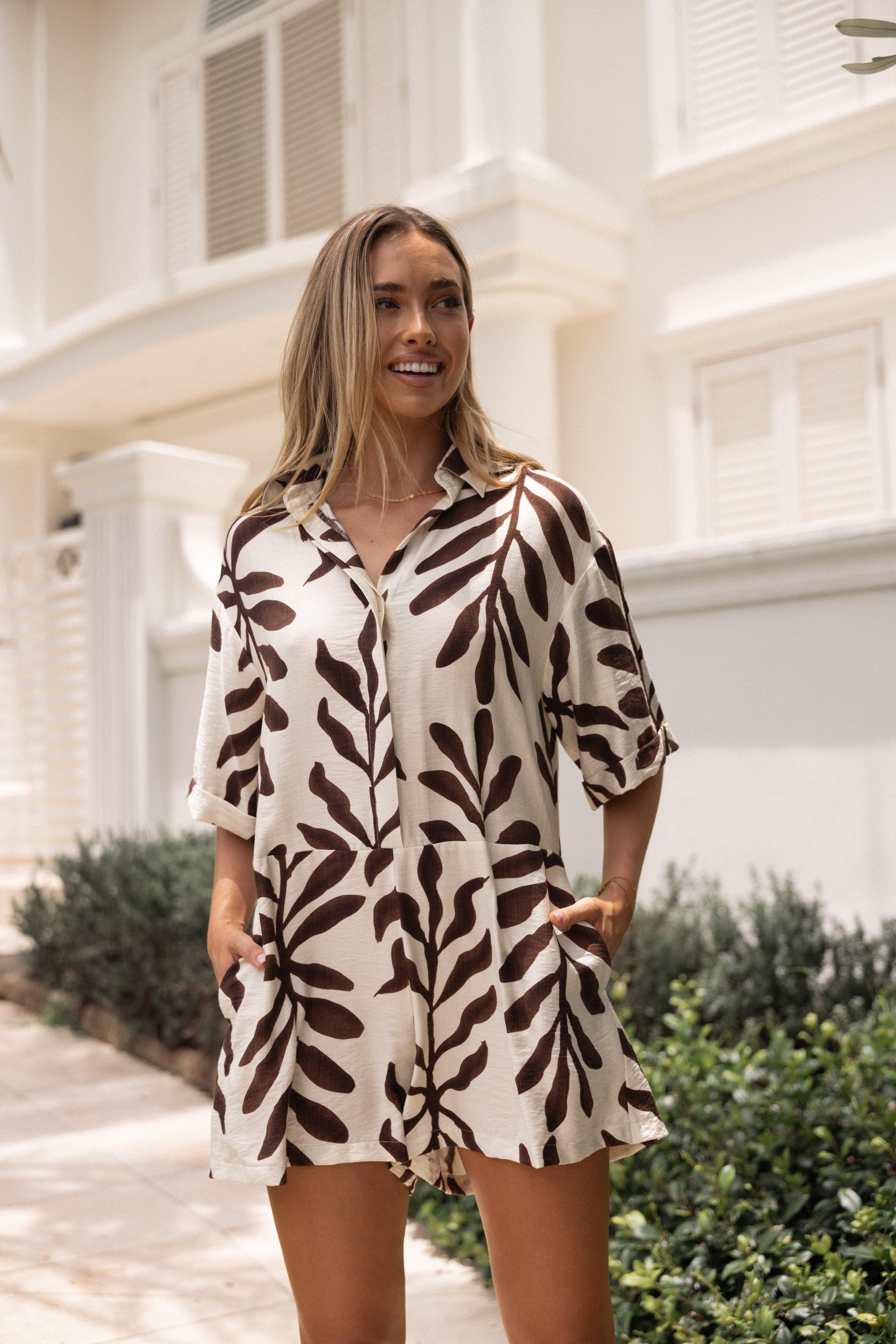 PLAYSUITS Kiya Drop Waist Playsuit - Brown Palm