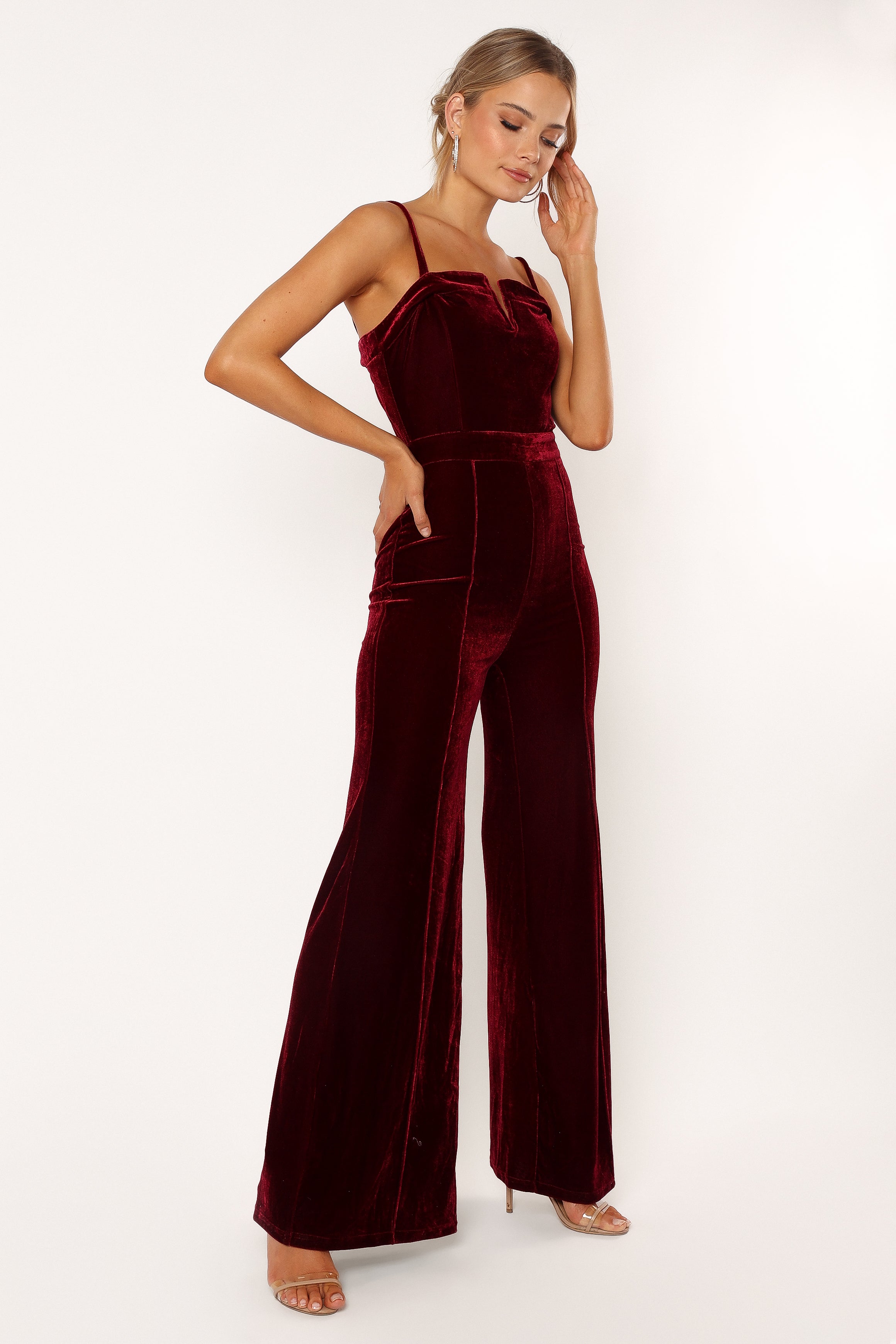 PLAYSUITS @Lexie Velvet Jumpsuit - Burgundy