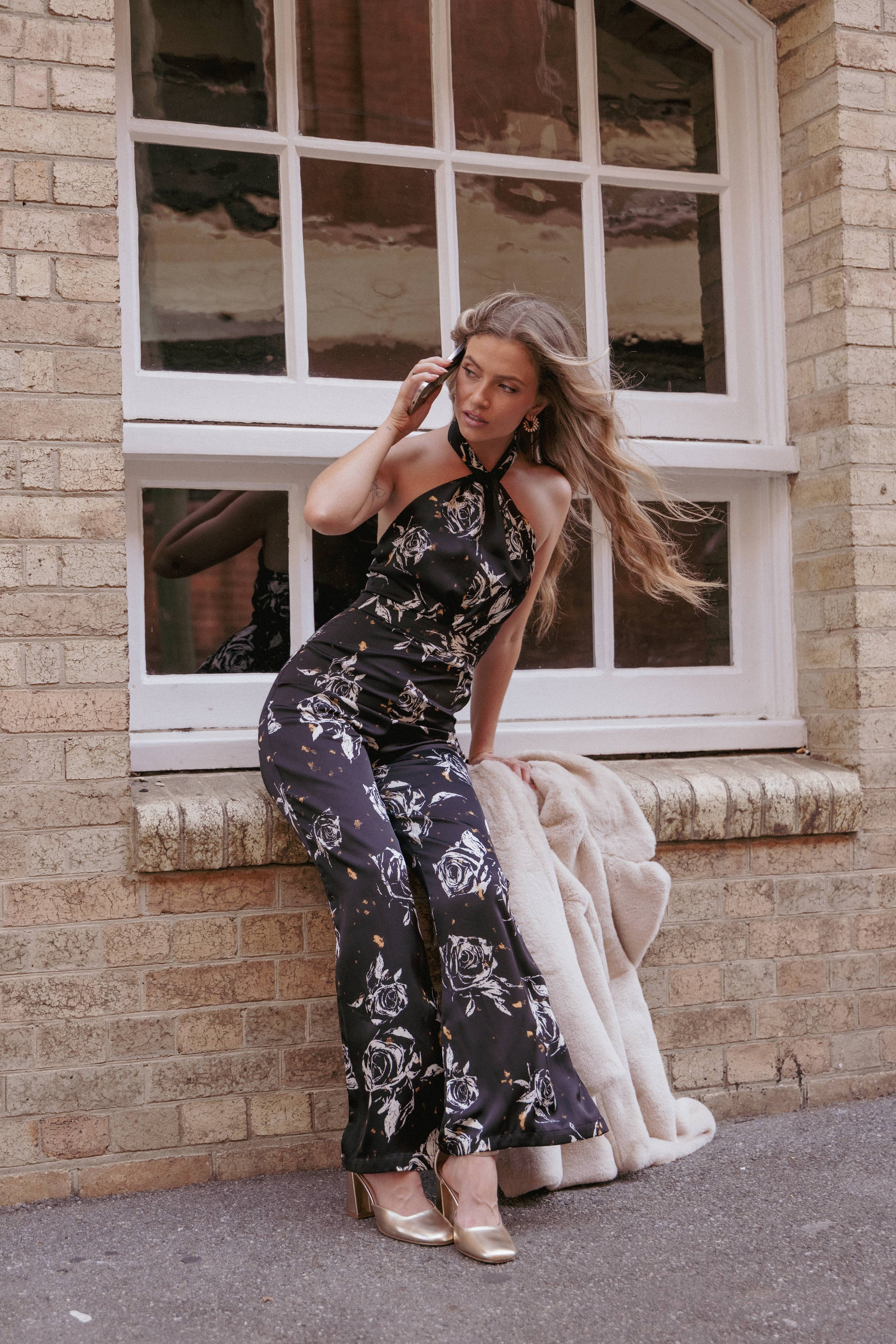 PLAYSUITS Raelynn Halter Jumpsuit - Black Floral