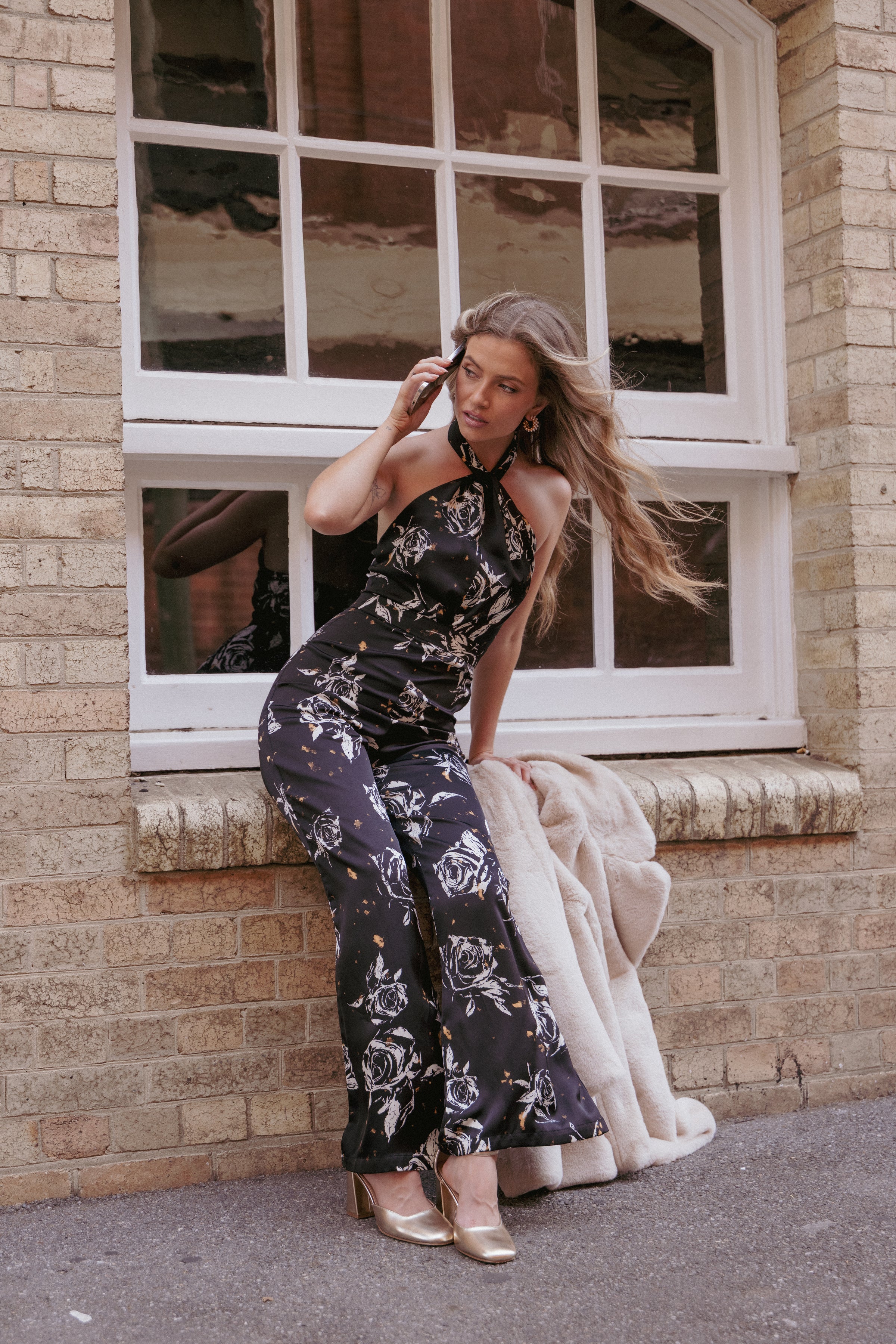 PLAYSUITS Raelynn Halter Jumpsuit - Black Floral
