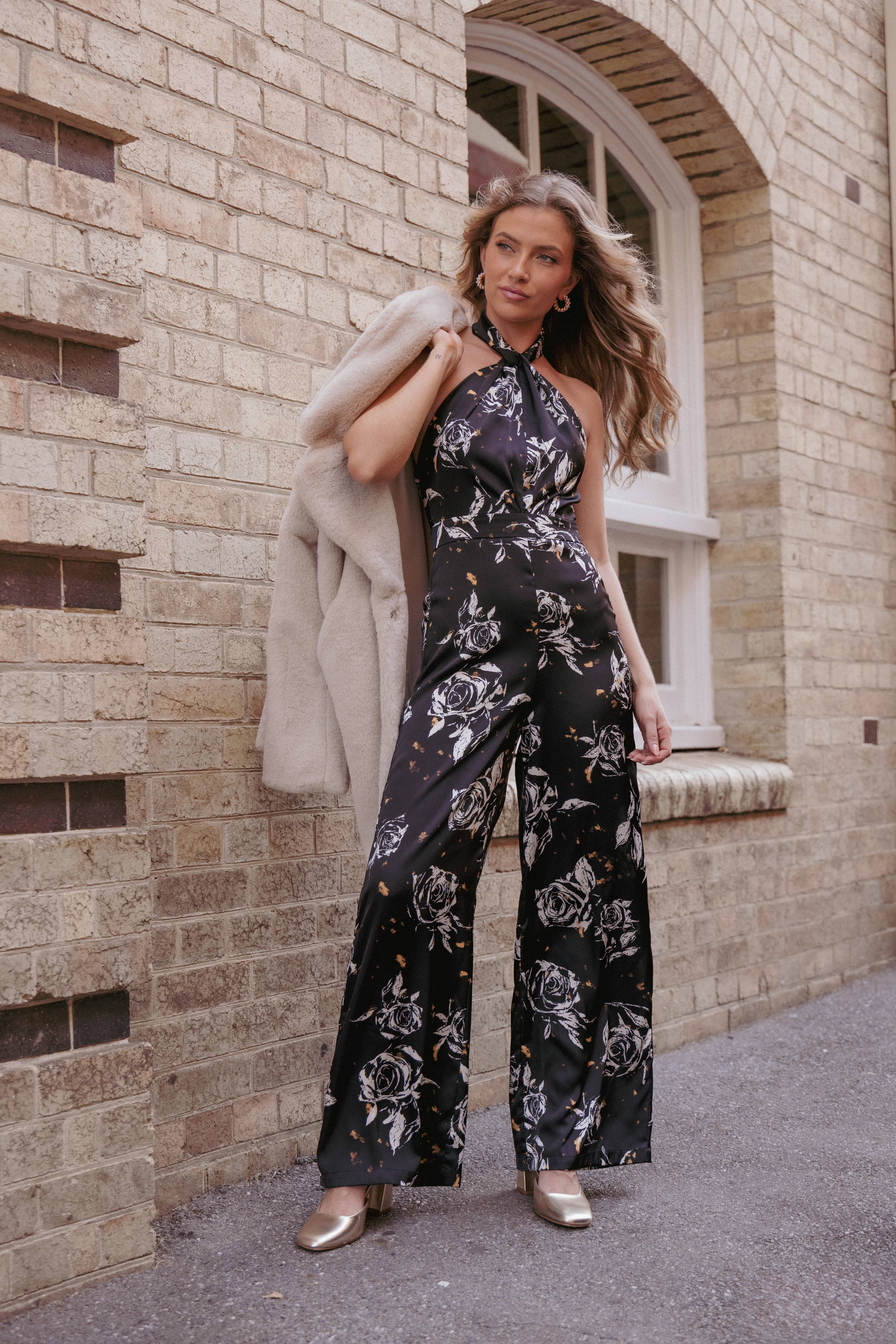 PLAYSUITS Raelynn Halter Jumpsuit - Black Floral