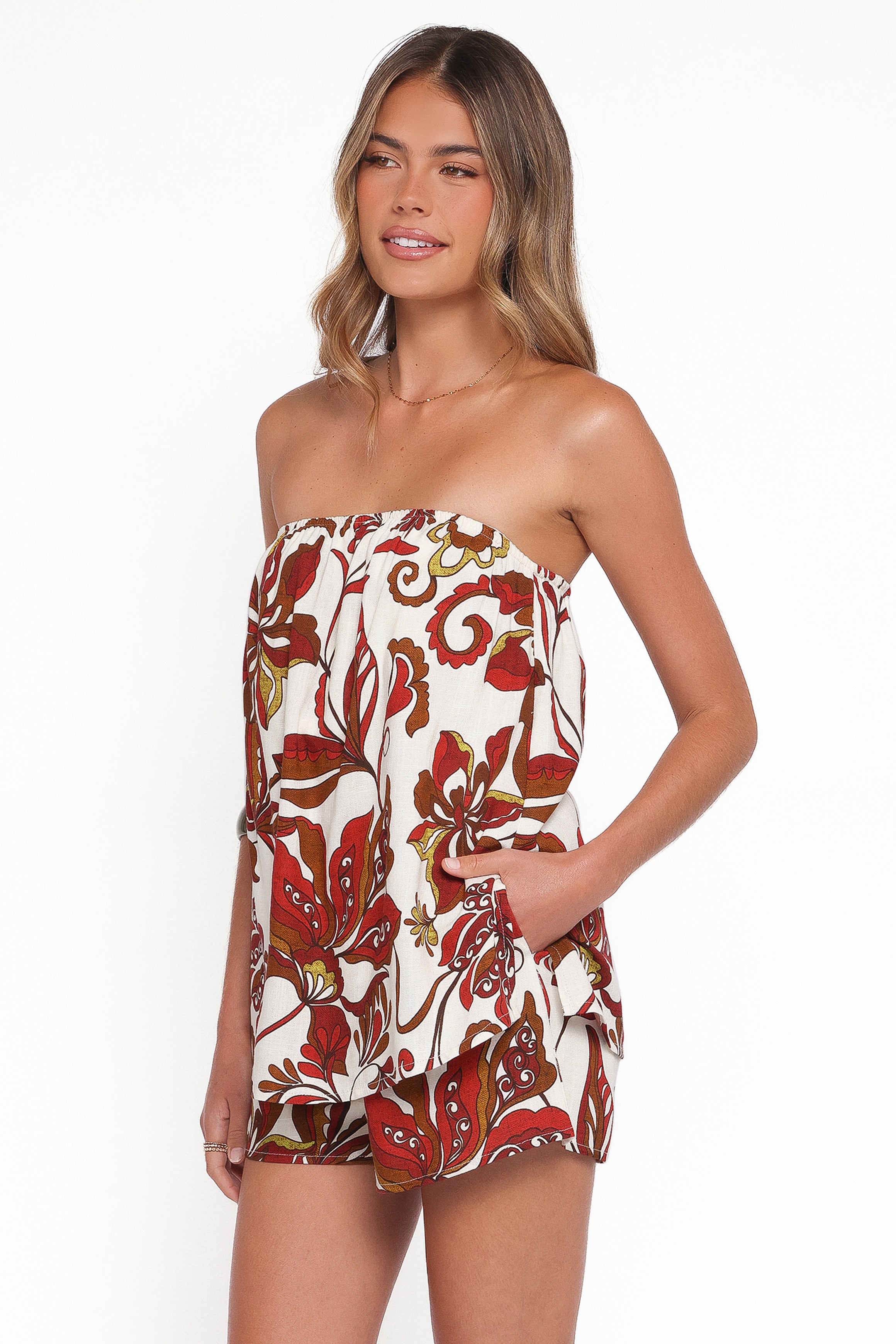PLAYSUITS Sallie Strapless Playsuit - Brown Floral