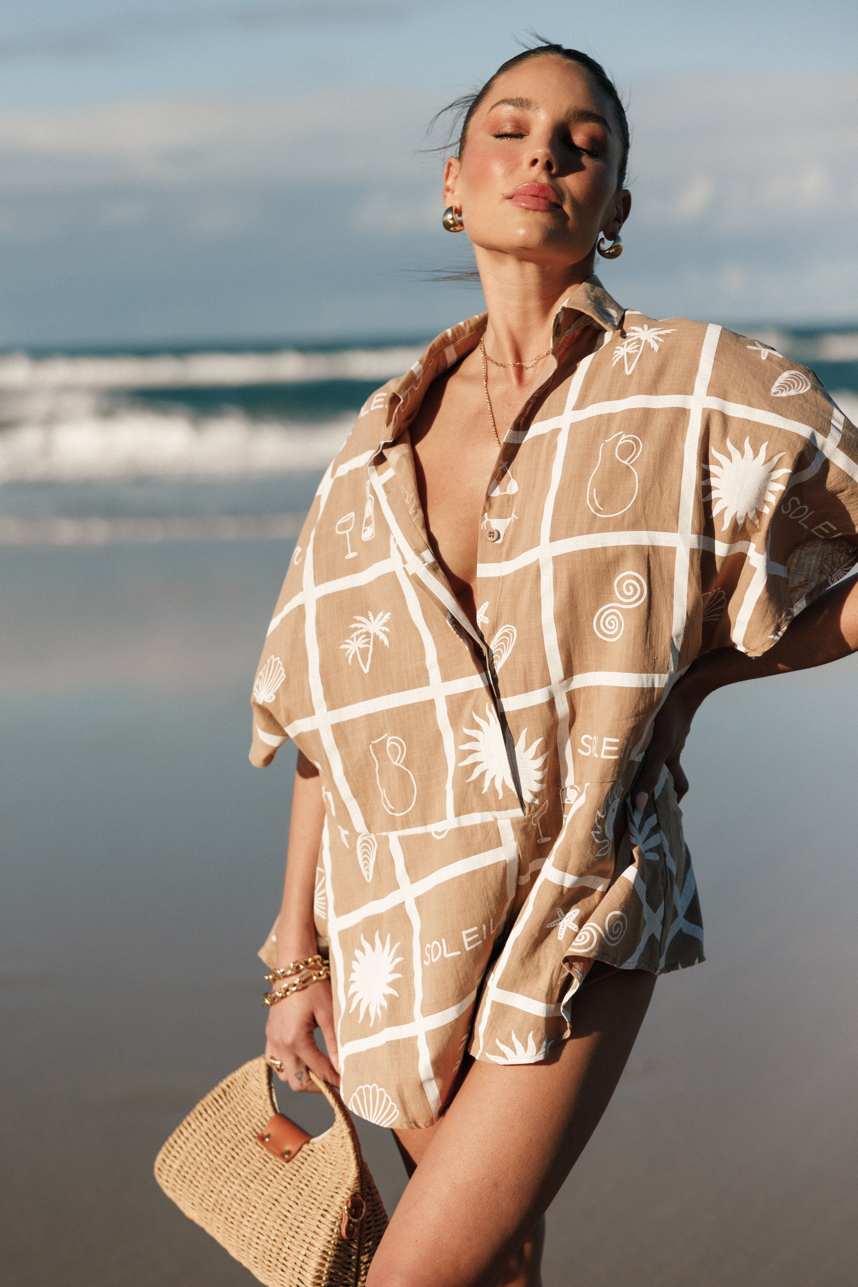 PLAYSUITS @Sebastian Playsuit - Tan Soleil Print (Hold for Euro Summer)