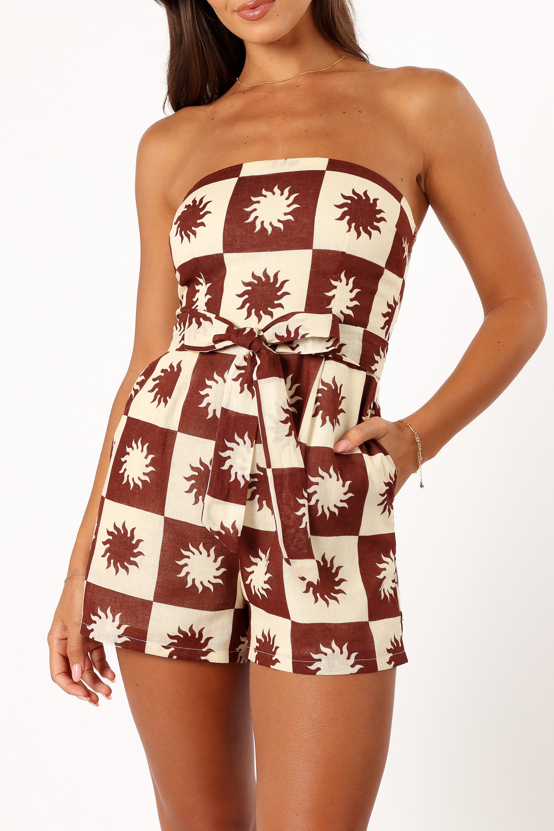 PLAYSUITS @Sofie Strapless Playsuit - Brown Cream (Hold for Sundial)