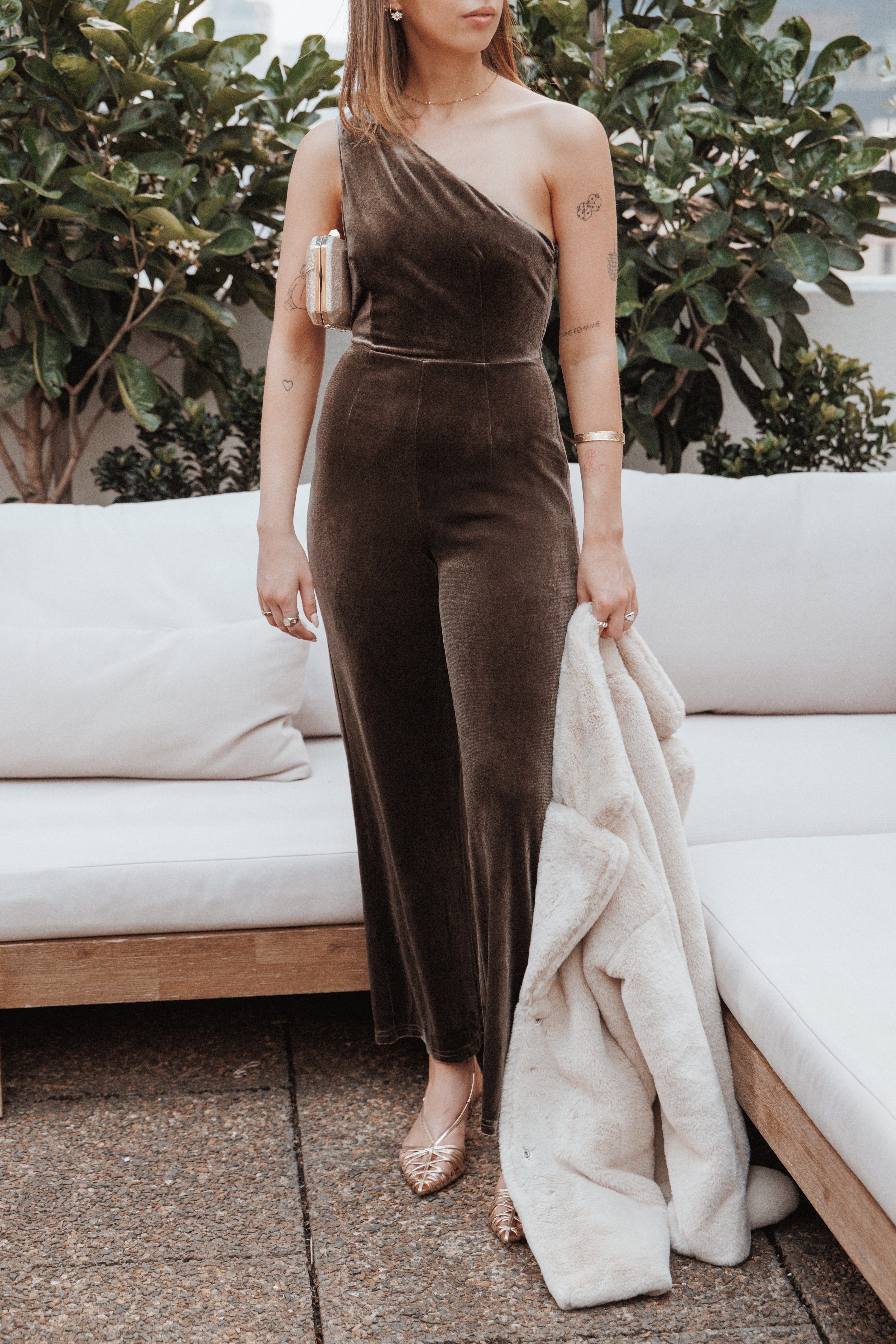 PLAYSUITS Xita Velvet One Shoulder Jumpsuit - Olive