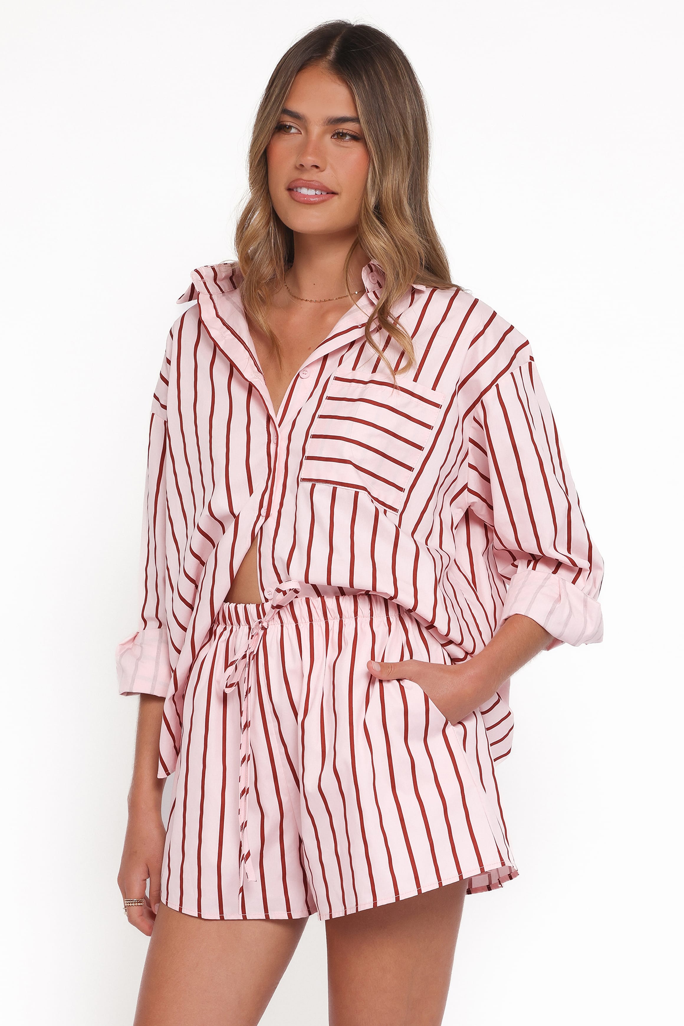 SETS Ashlyn Short Set - Pink And Burgundy Stripe