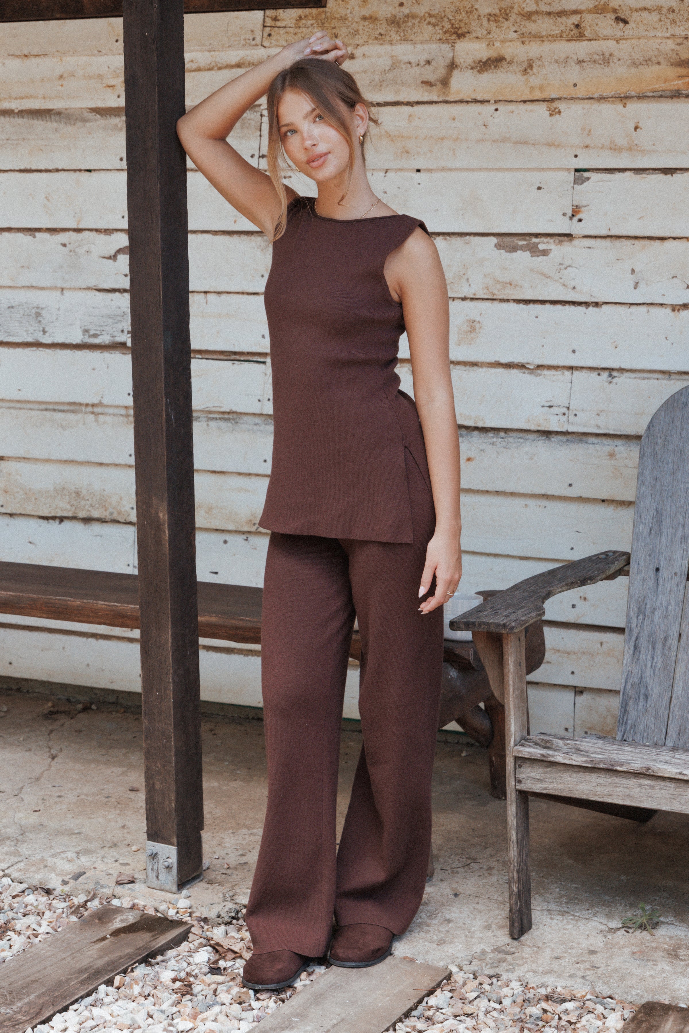 SETS Beth Knitted Pant Set - Chocolate