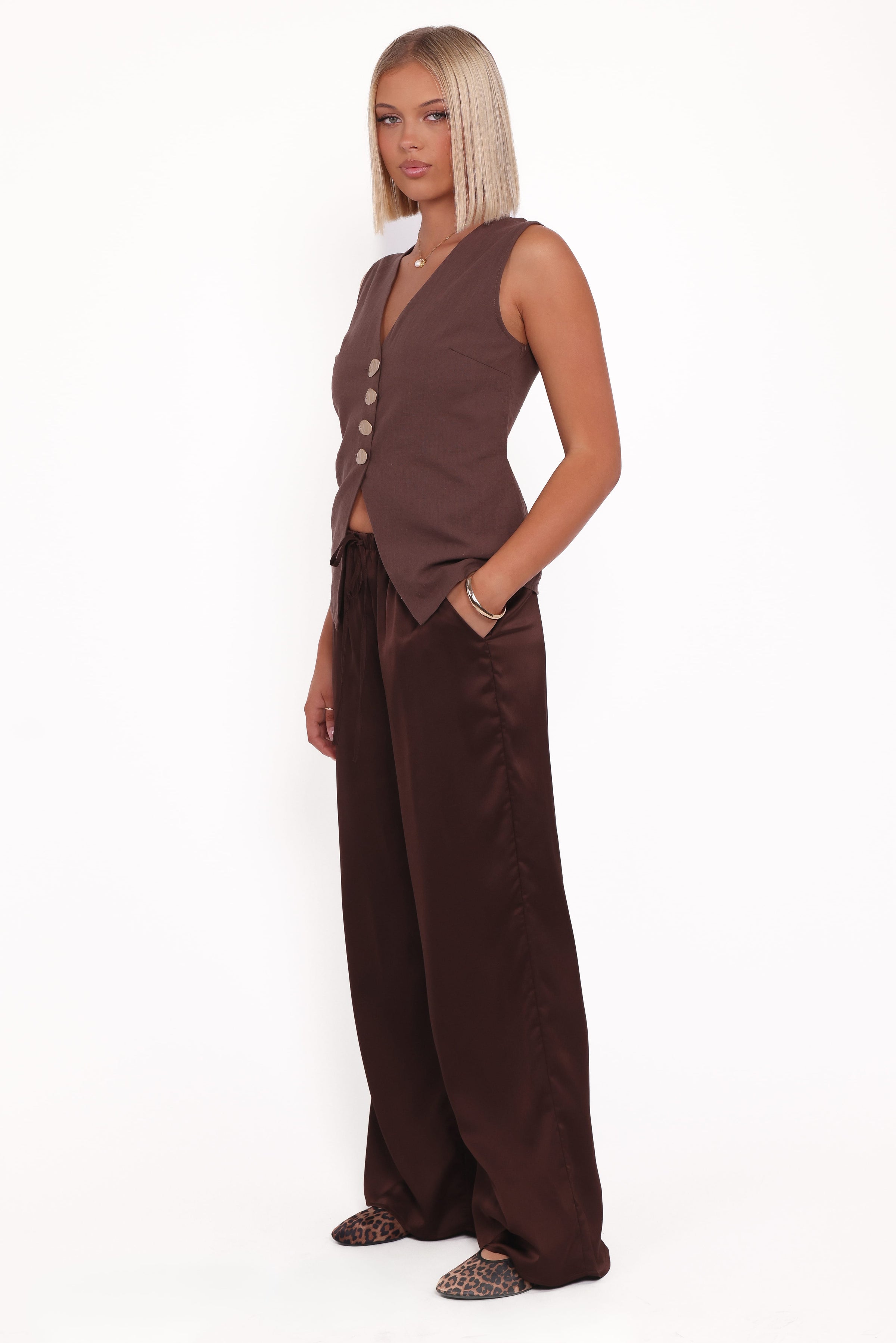 SETS Bethany Satin Pant Set - Brown