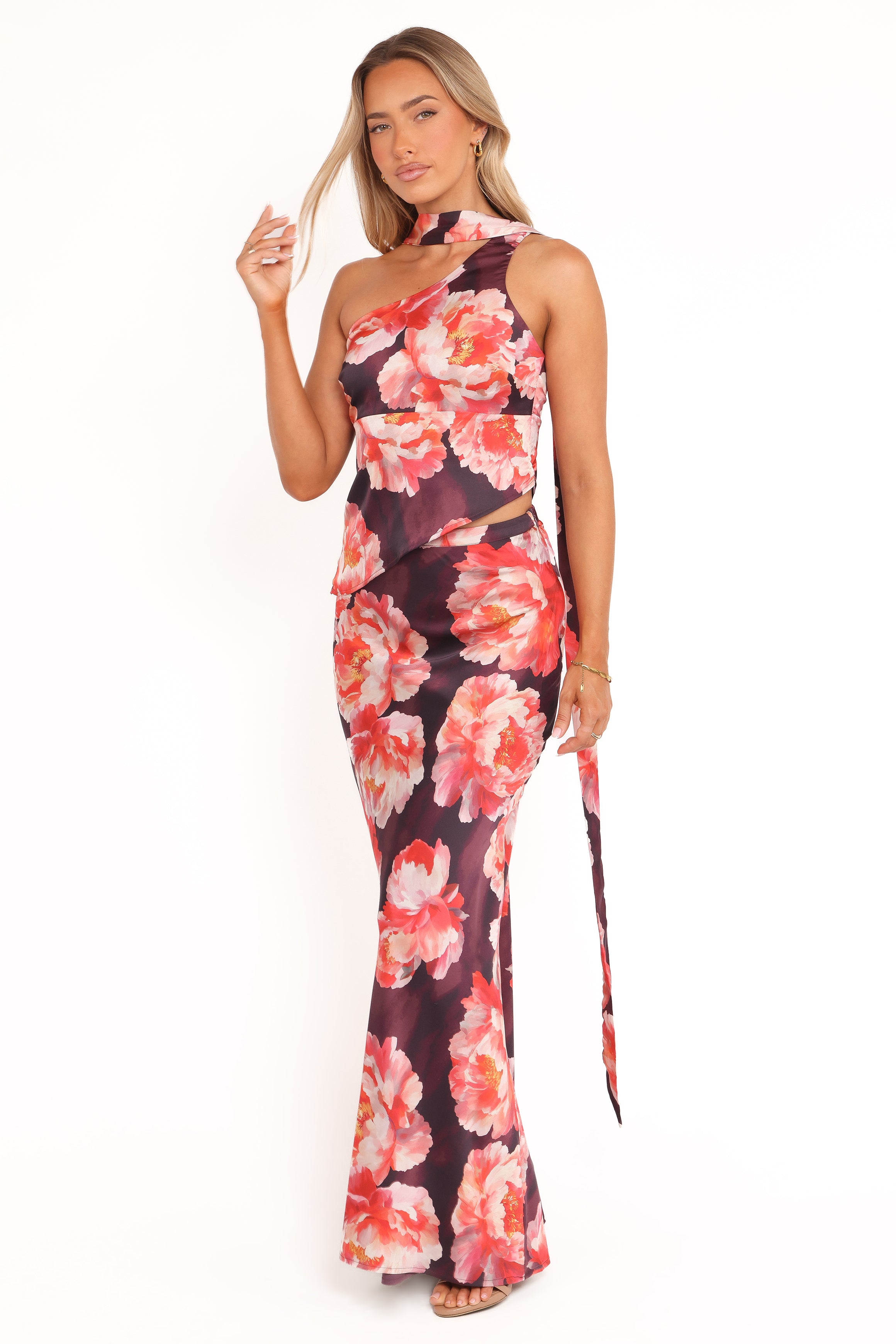 SETS Georgina One Shoulder Skirt Set - Burgundy Peony