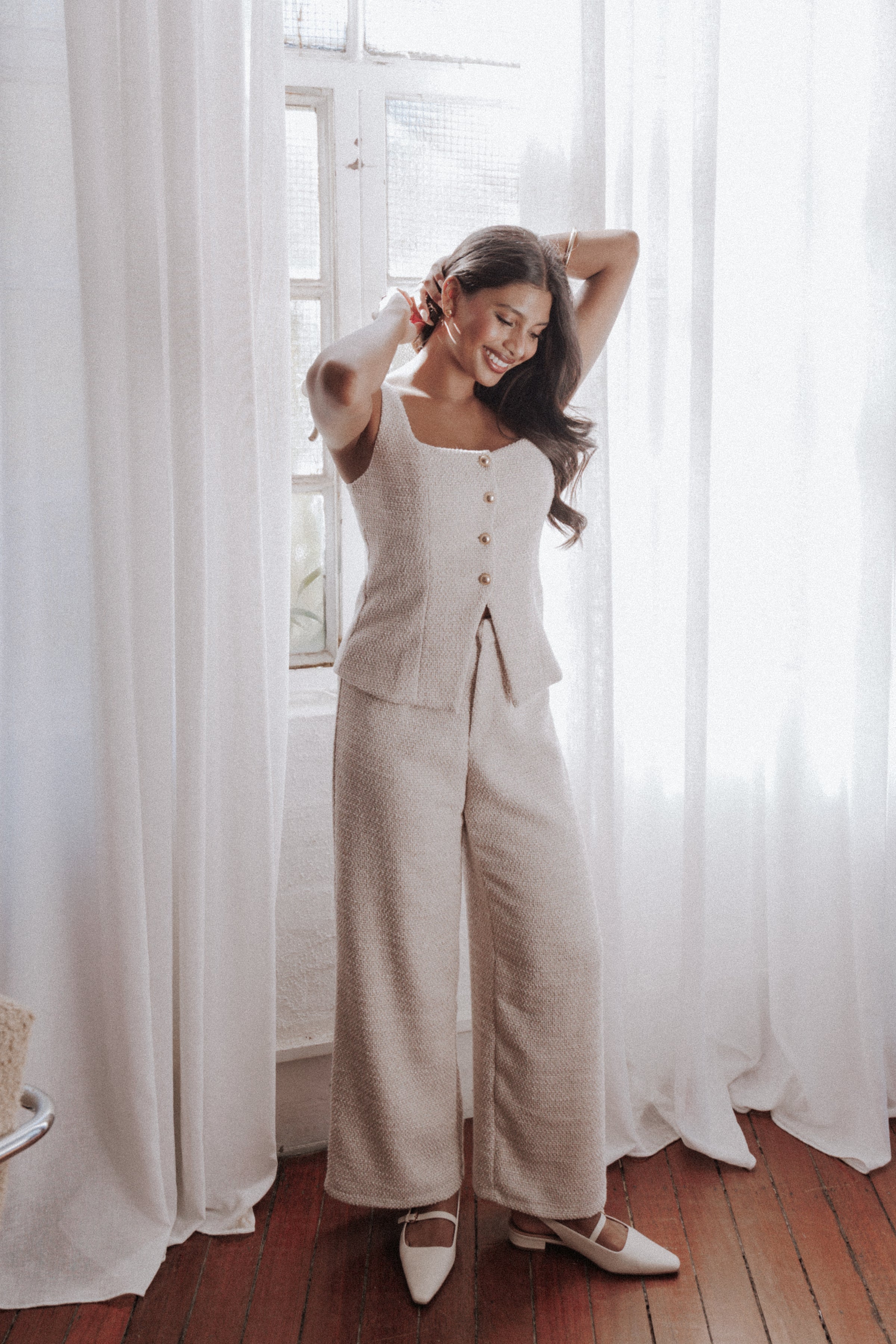 SETS Greta Tailored Pant Set - White Brown Marl