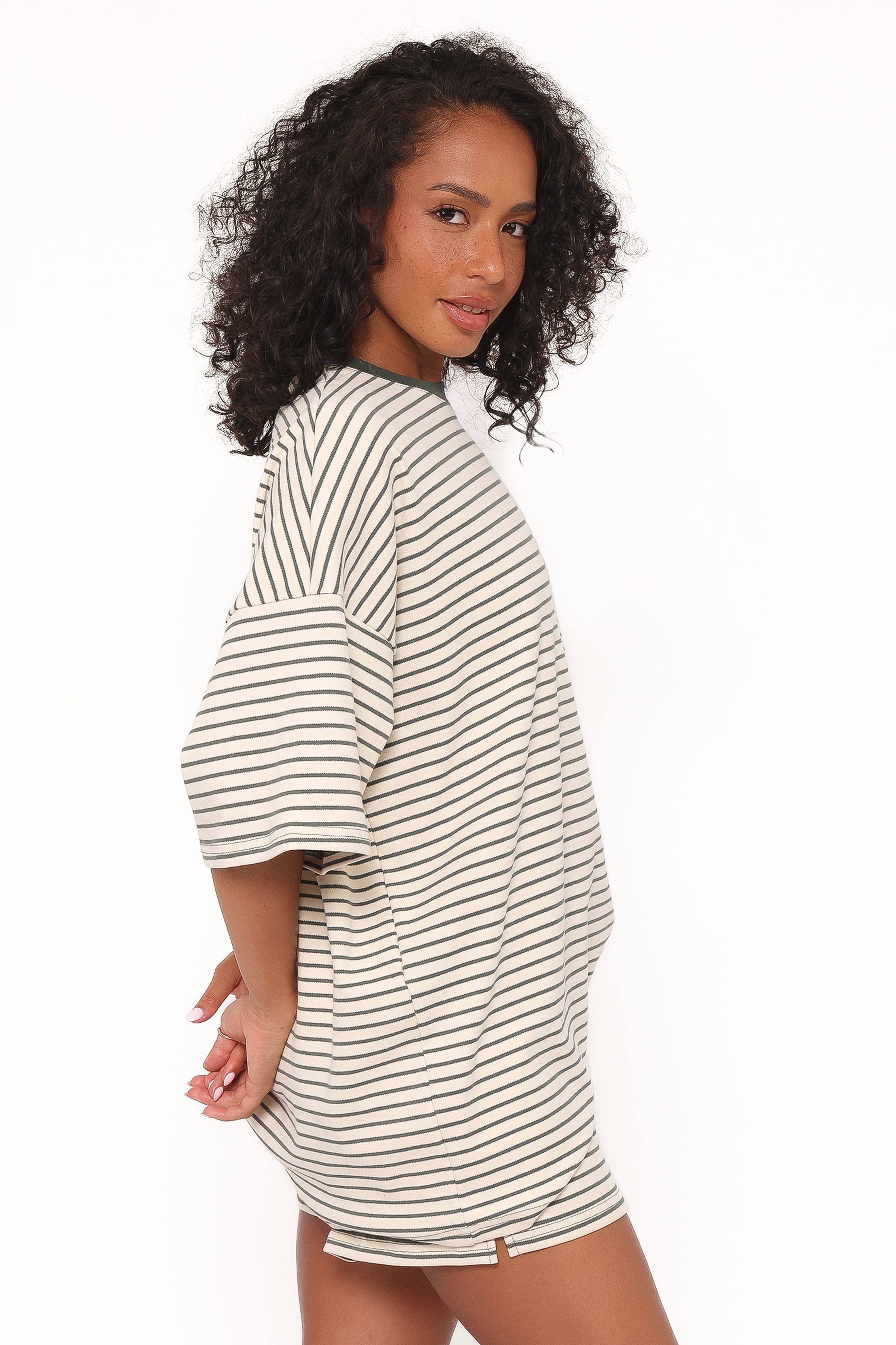 SETS Hellen Stripe Short Set - Cream/Green Stripe
