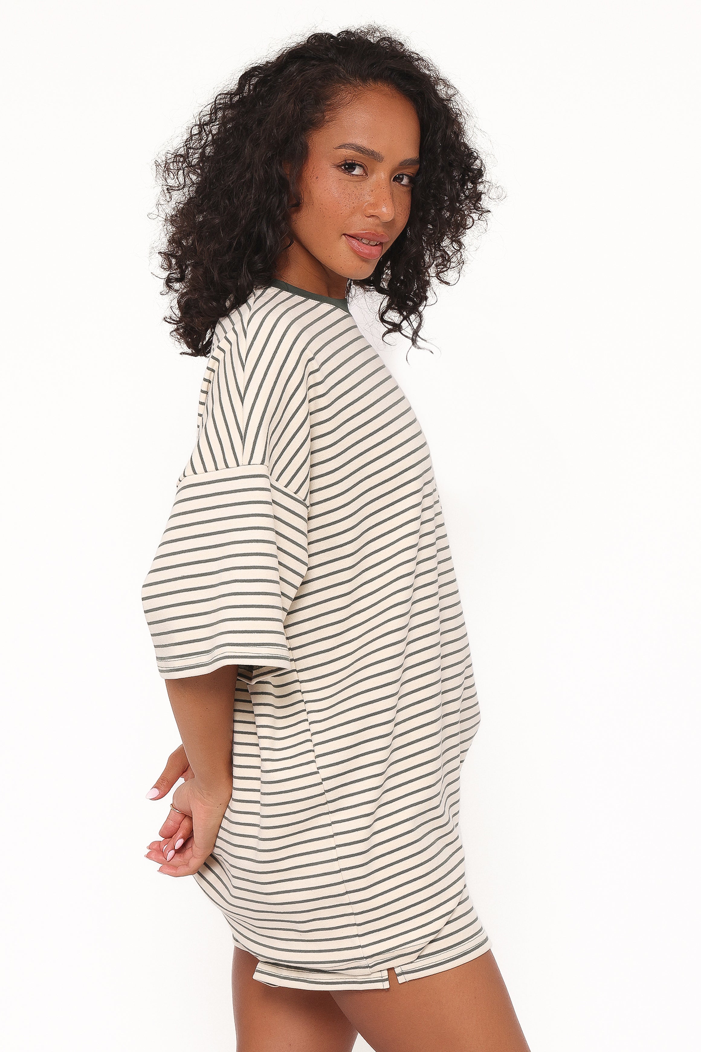 SETS Hellen Stripe Short Set - Cream/Green Stripe