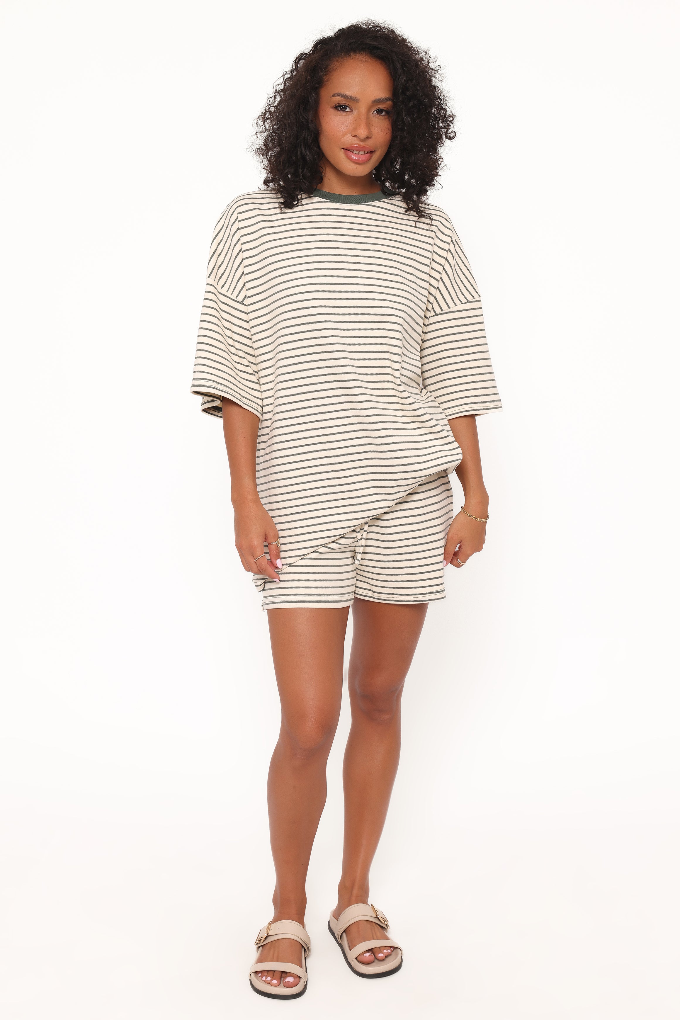 SETS Hellen Stripe Short Set - Cream/Green Stripe