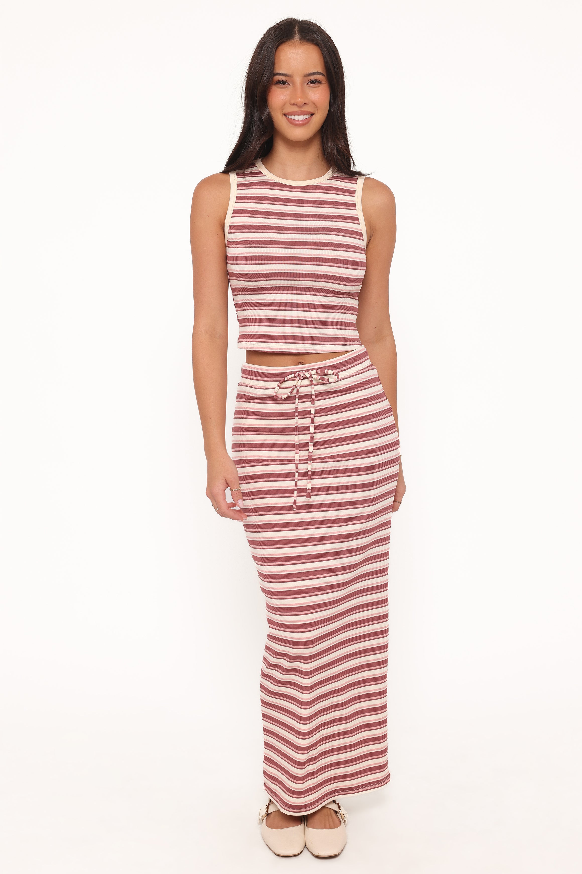 SETS Kelly Maxi Skirt Set - Burgundy/Pink Stripe