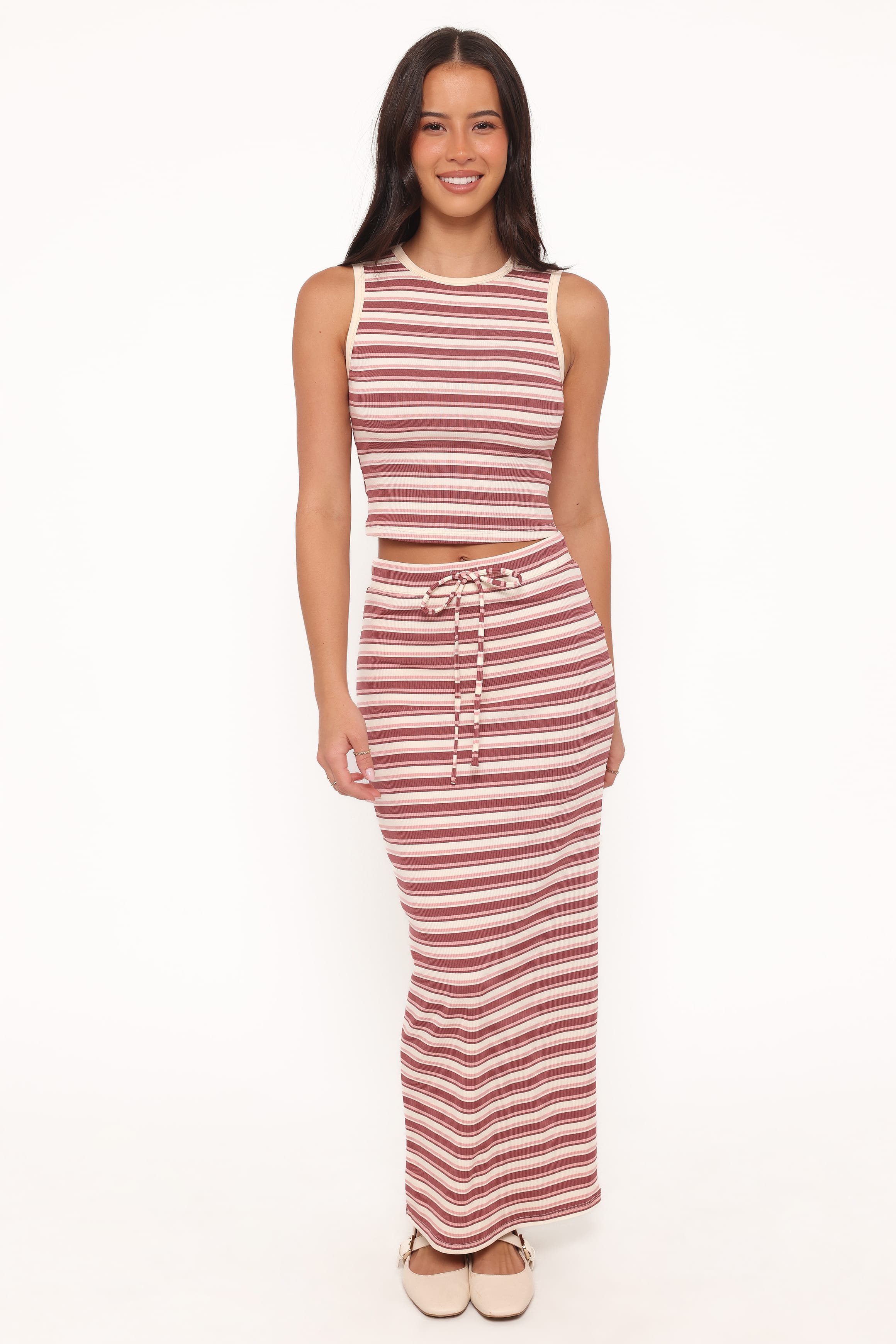 SETS Kelly Maxi Skirt Set - Burgundy/Pink Stripe