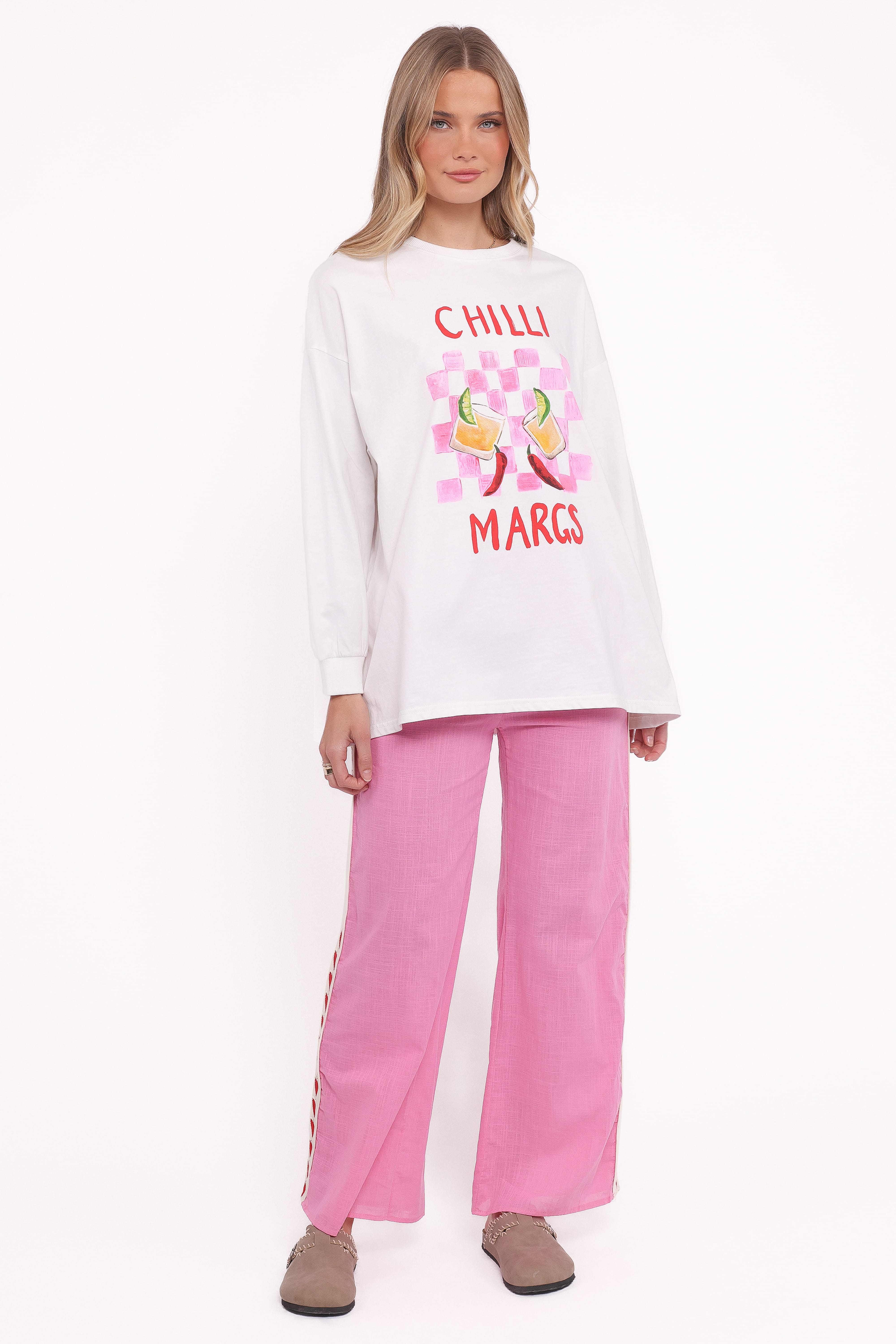 SETS Meredith Graphic Tee Pant Set - White Pink