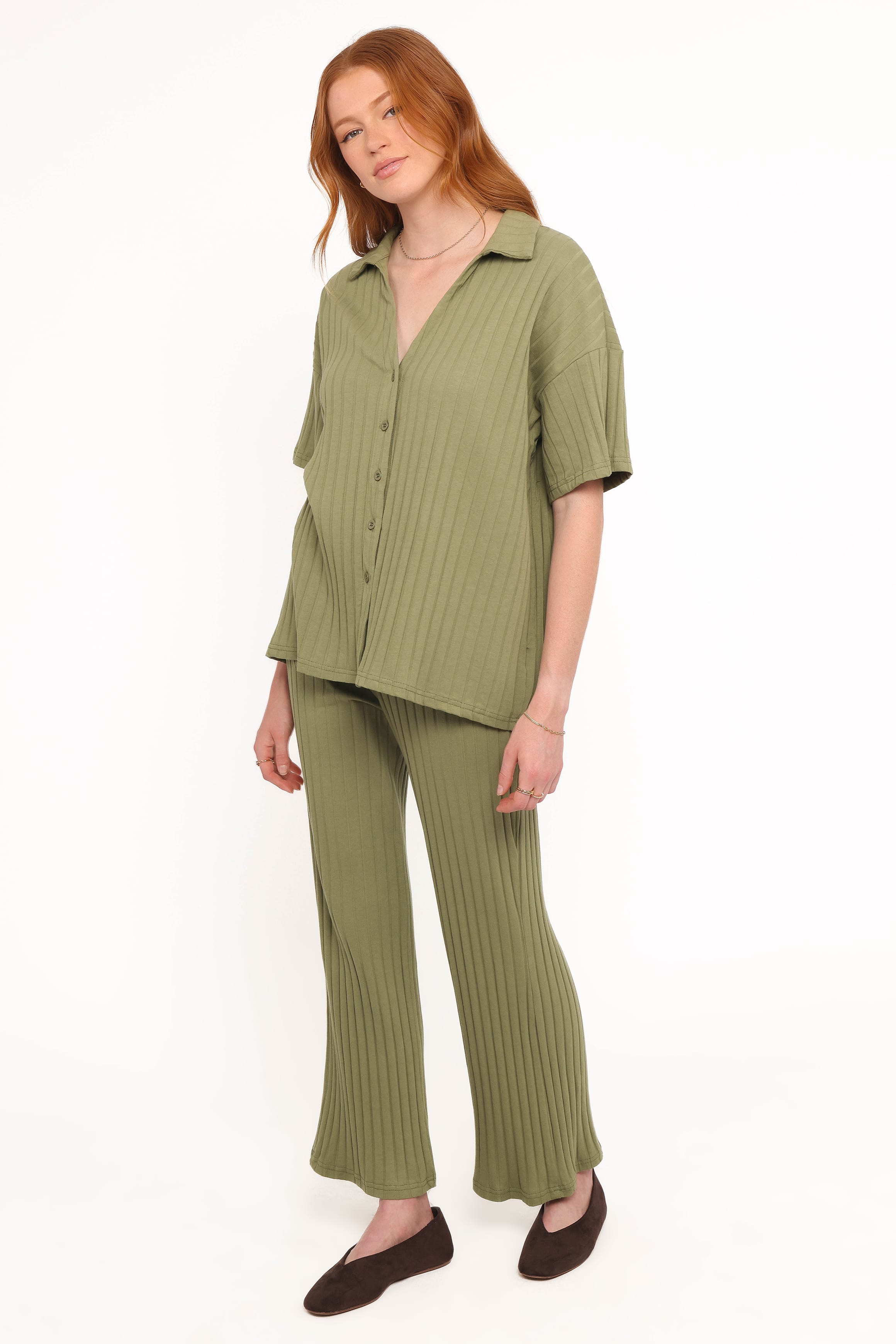 SETS Phillipa Wide Ribbed Shirt Set - Olive