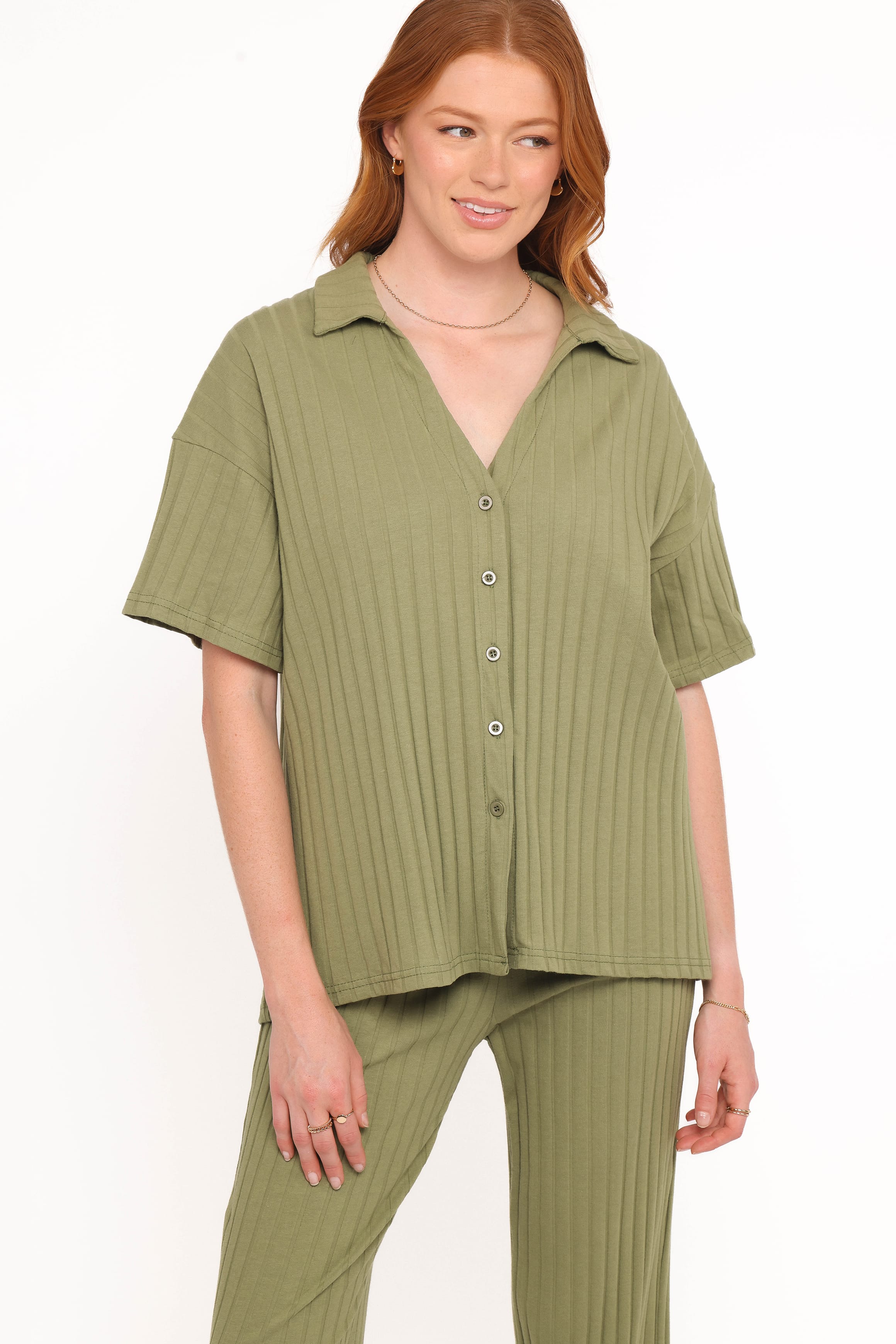 SETS Phillipa Wide Ribbed Shirt Set - Olive