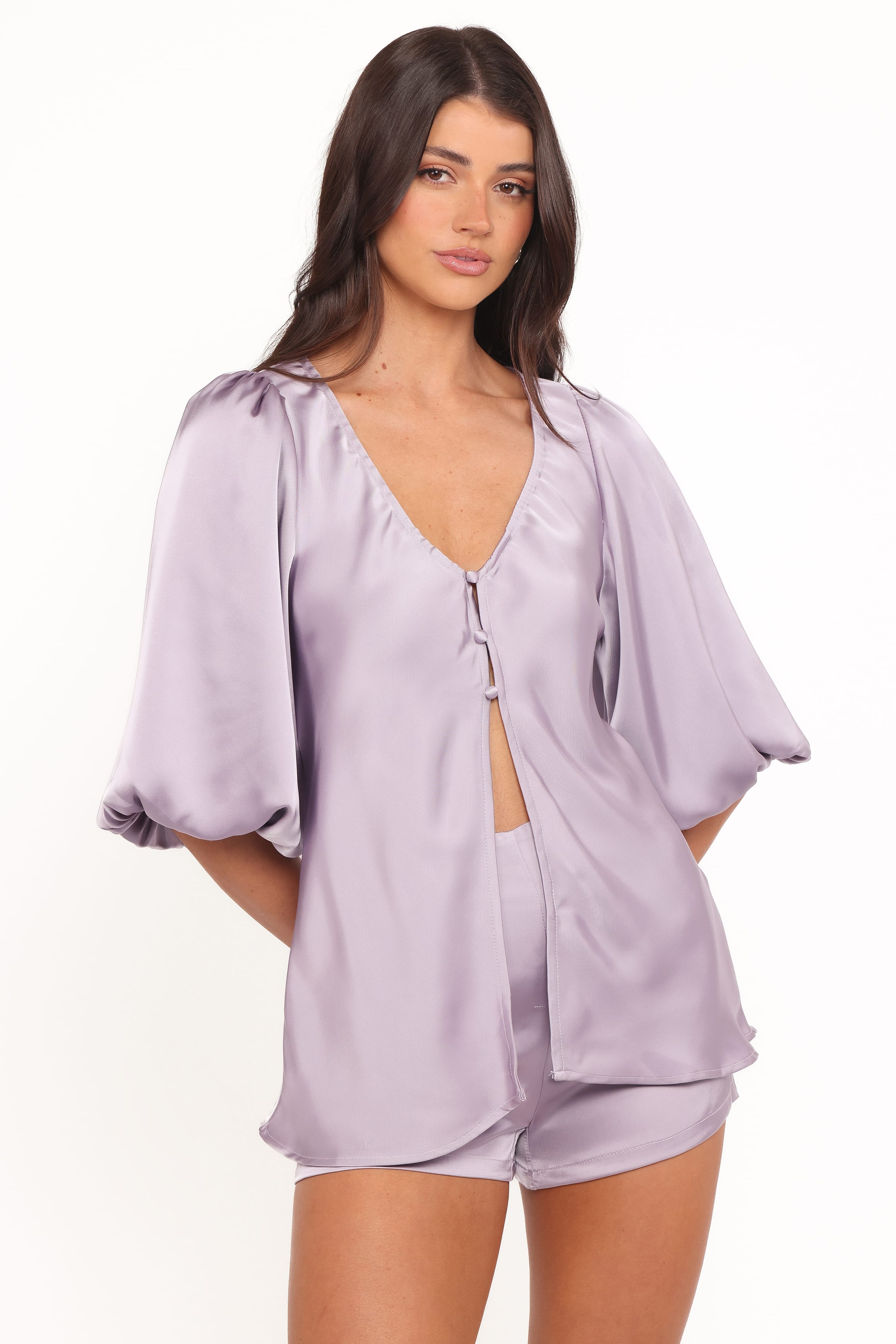 SETS Virgo Satin Puff Sleeve Button Up Short Set - Lilac