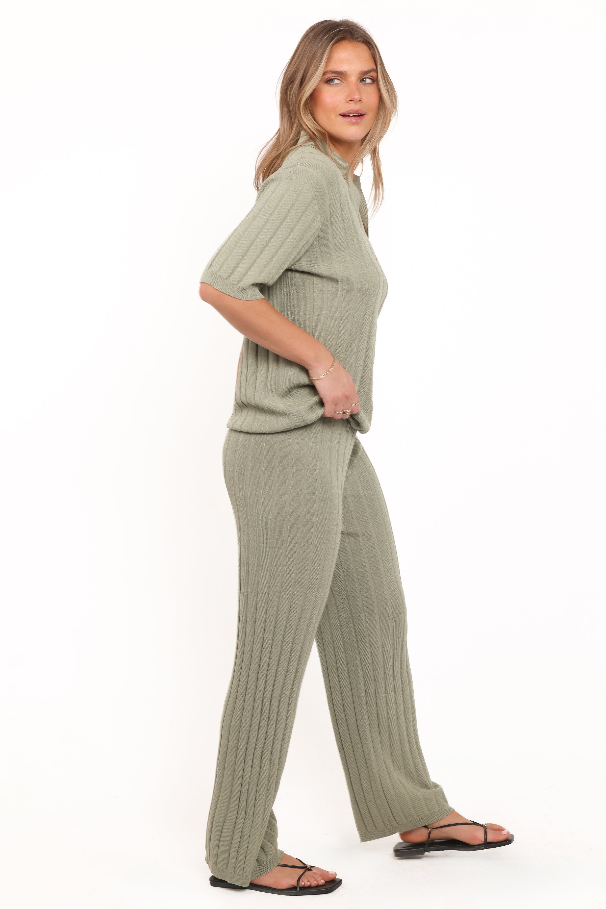 SETS Yulissa Wide Ribbed Pant Set - Khaki Green