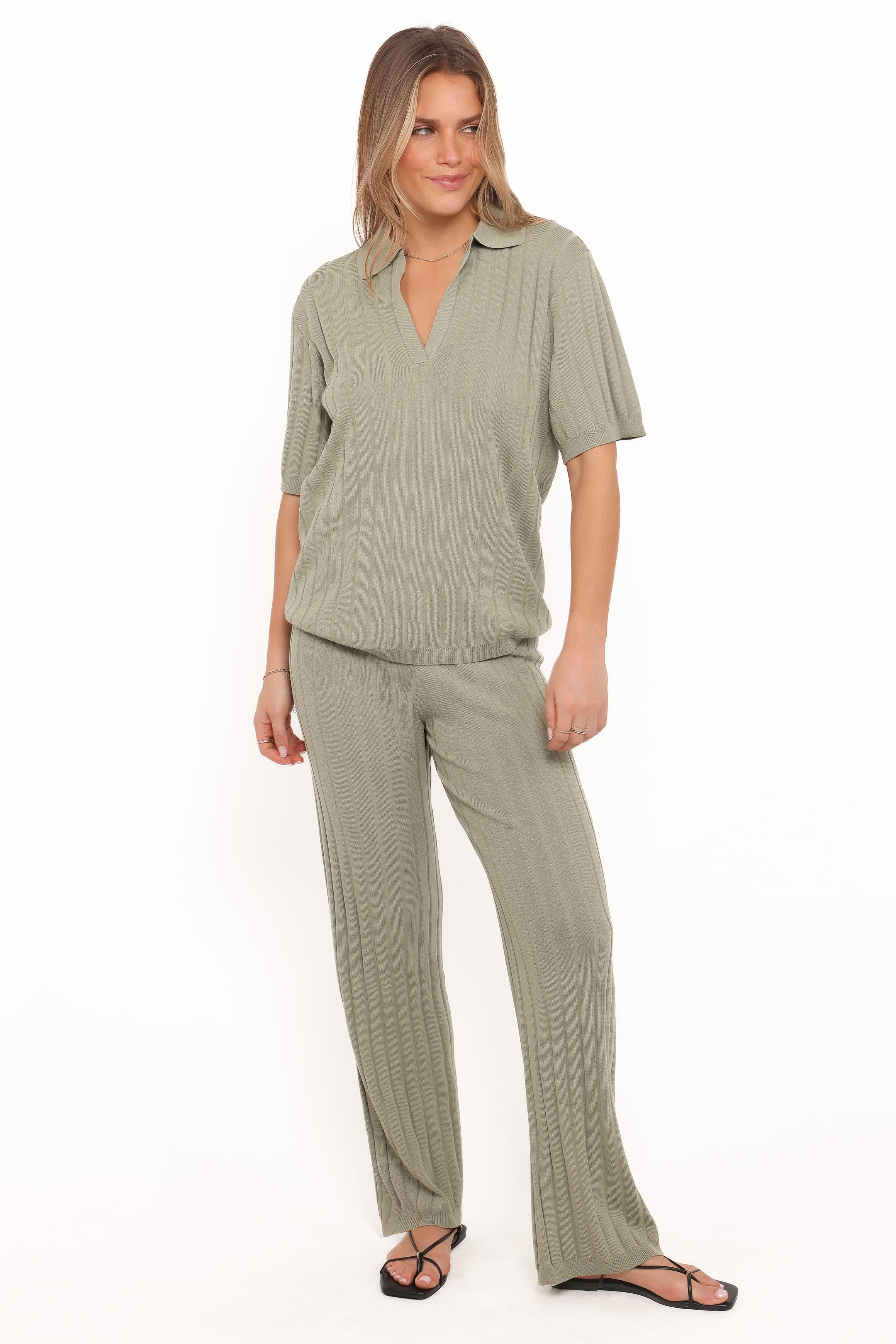 SETS Yulissa Wide Ribbed Pant Set - Khaki Green