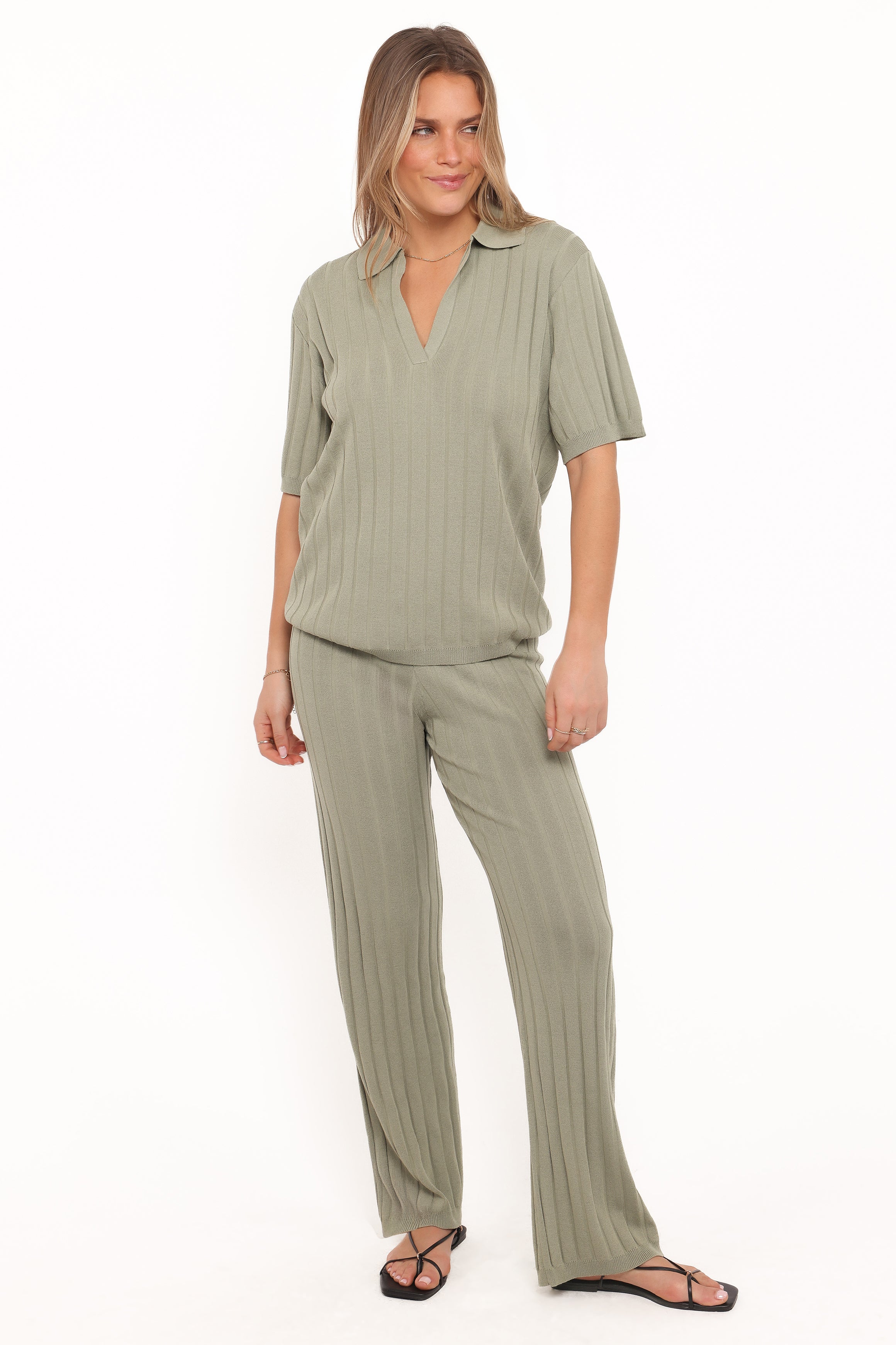 SETS Yulissa Wide Ribbed Pant Set - Khaki Green